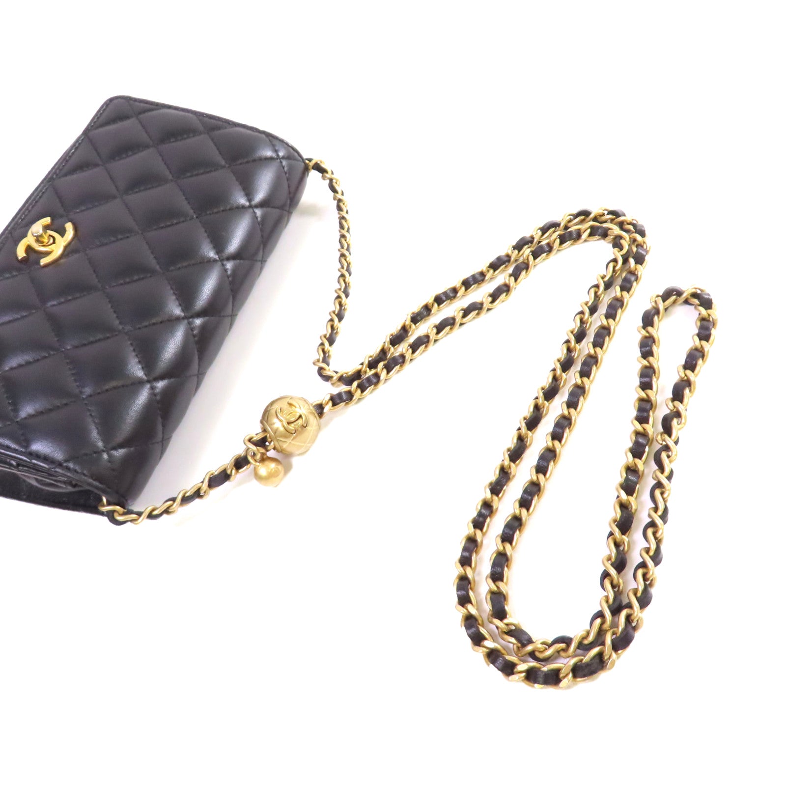 CHANEL 菱格羊皮皮革WOC Wallet On Chain Shoulder Bag金扣鏈帶肩背袋黑色