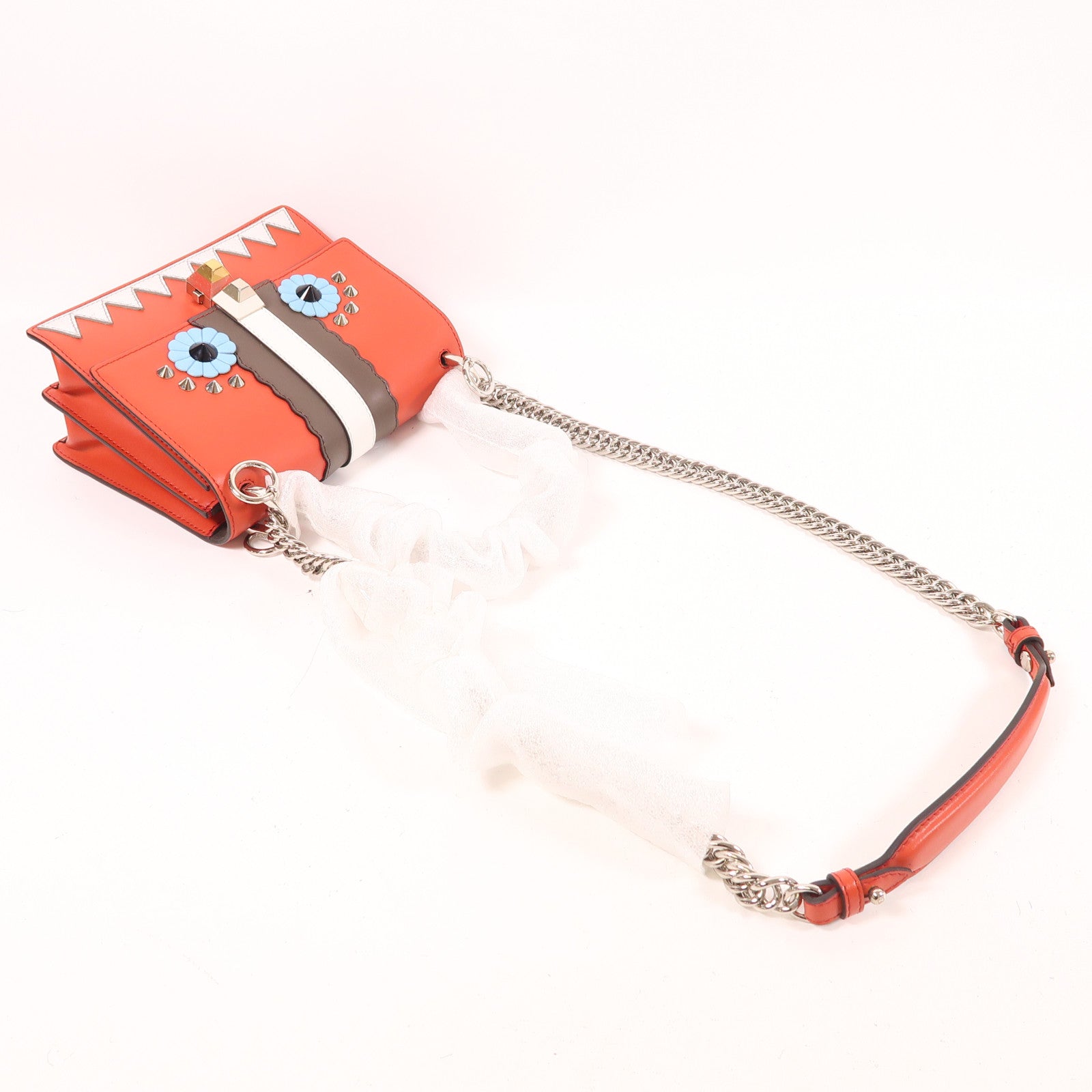 FENDI 牛皮皮革Small Kan I Faces銀扣鏈帶肩背袋