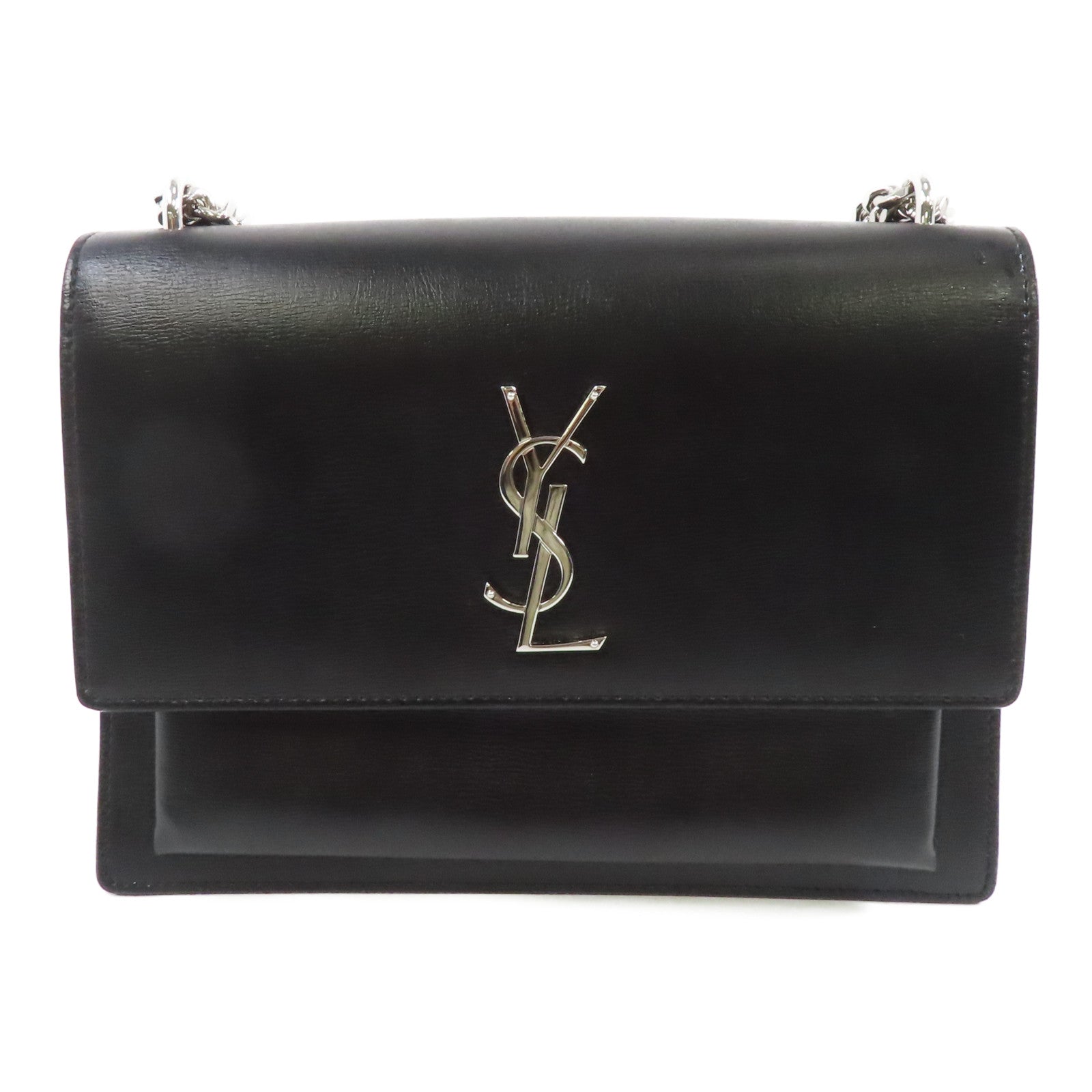 SAINT LAURENT 牛皮皮革Sunset銀扣鏈帶肩背袋黑色