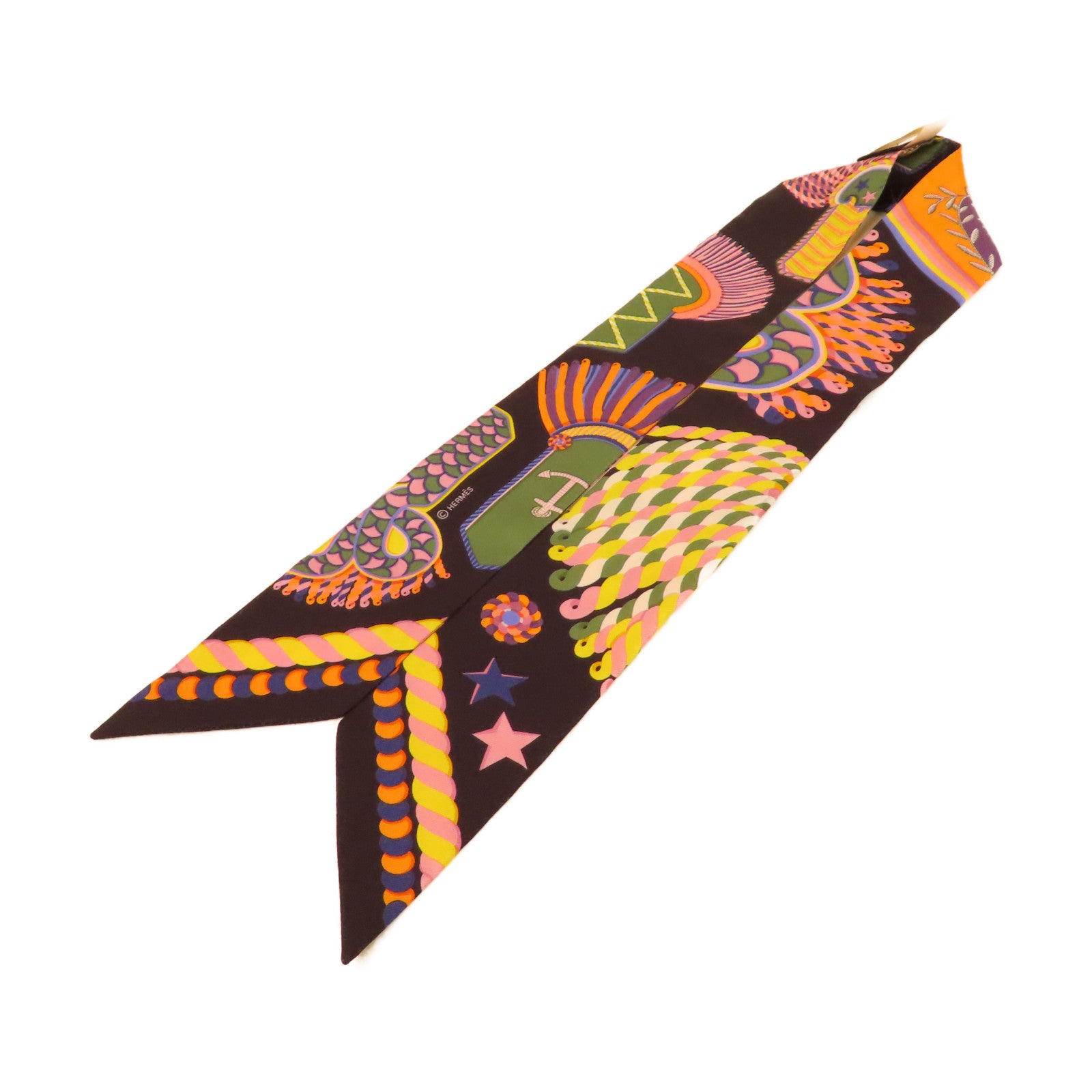 HERMES 【激減優惠】絲質Twilly絲巾黒色/卡其色/彩色