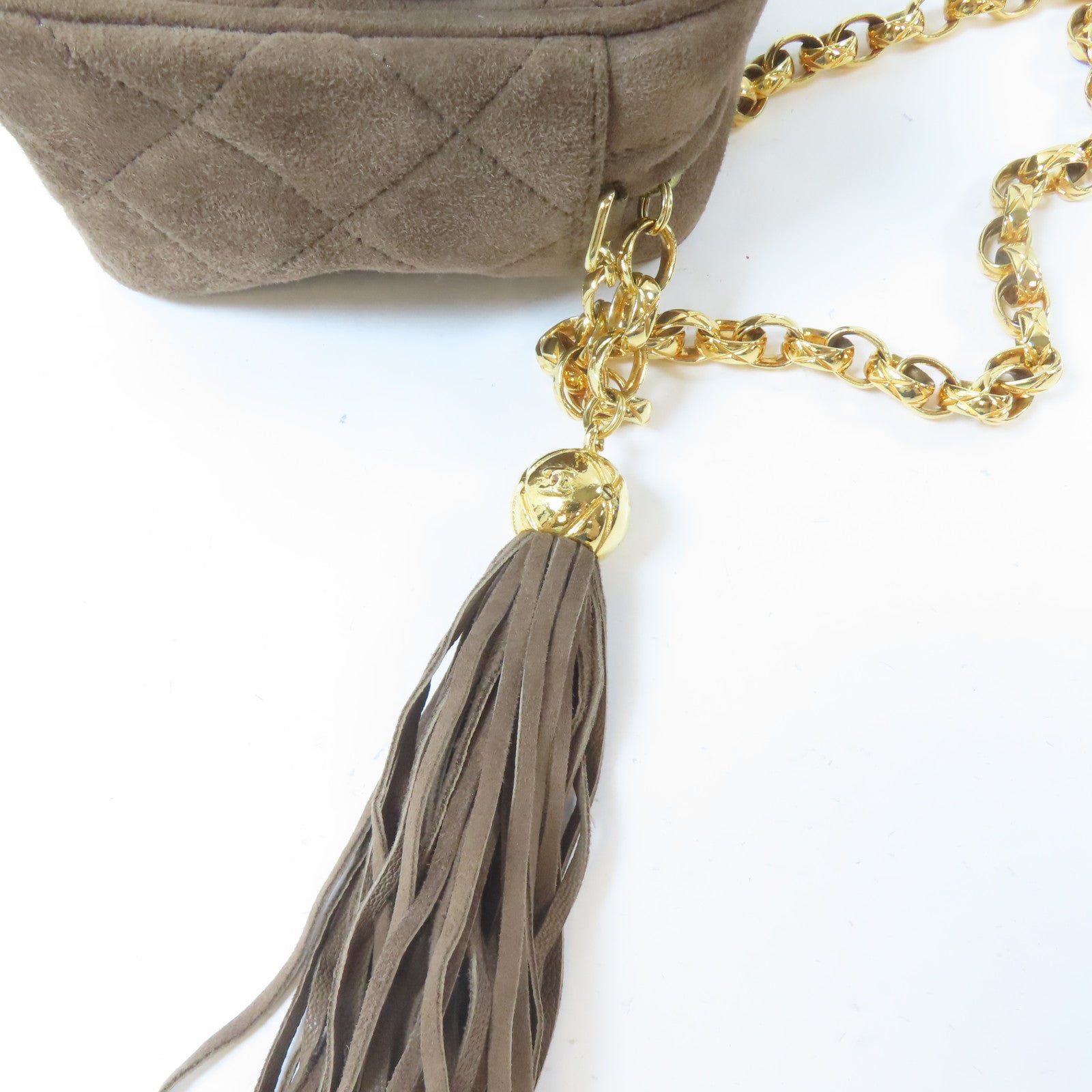 CHANEL 菱格絨布Chain Shoulder Bag金扣鏈帶肩背袋啡色