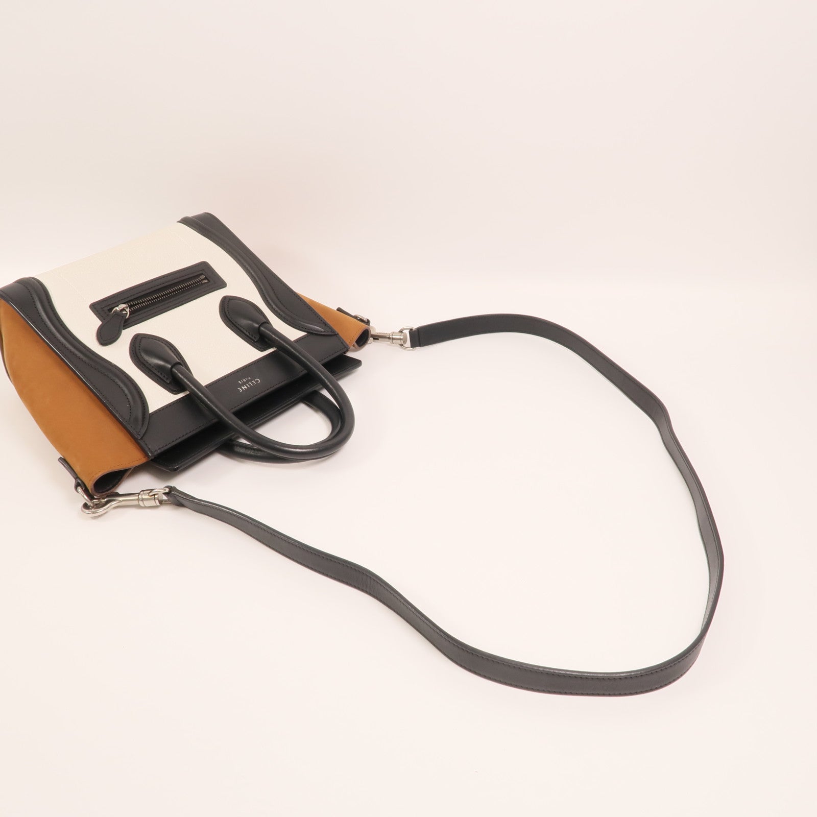 CELINE 牛皮皮革/絨布Nano Luggage銀扣肩背袋