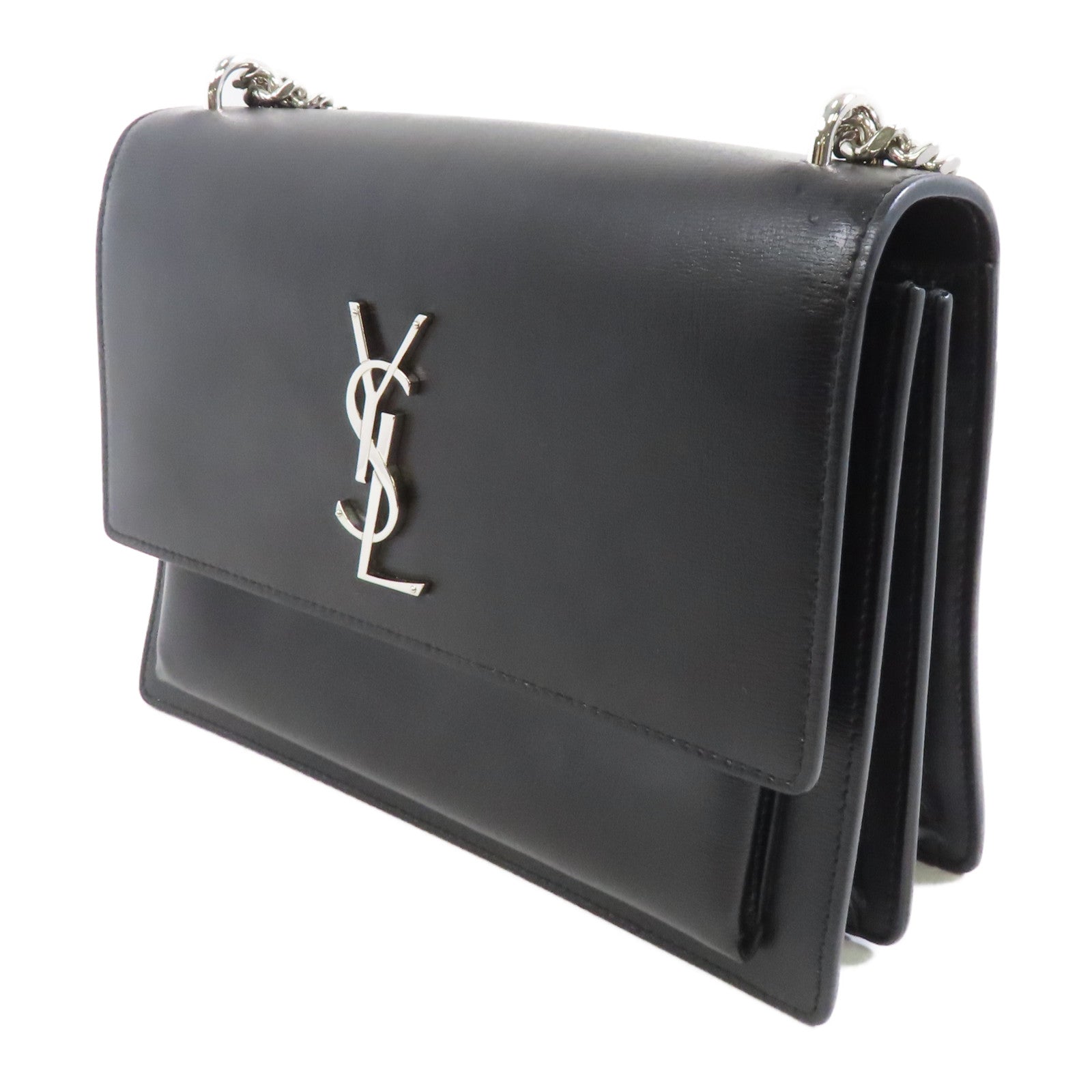 SAINT LAURENT 牛皮皮革Sunset銀扣鏈帶肩背袋黑色