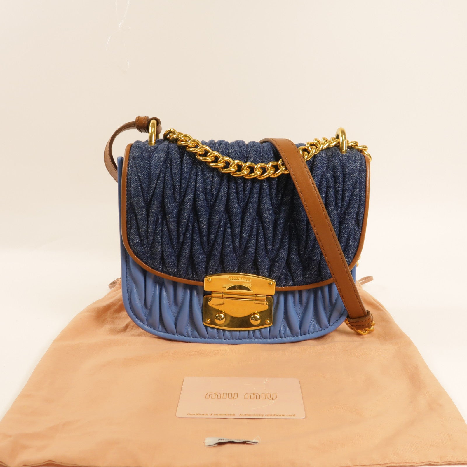 Miu Miu 牛仔布Shoulder Bag金扣肩背袋藍色/啡色