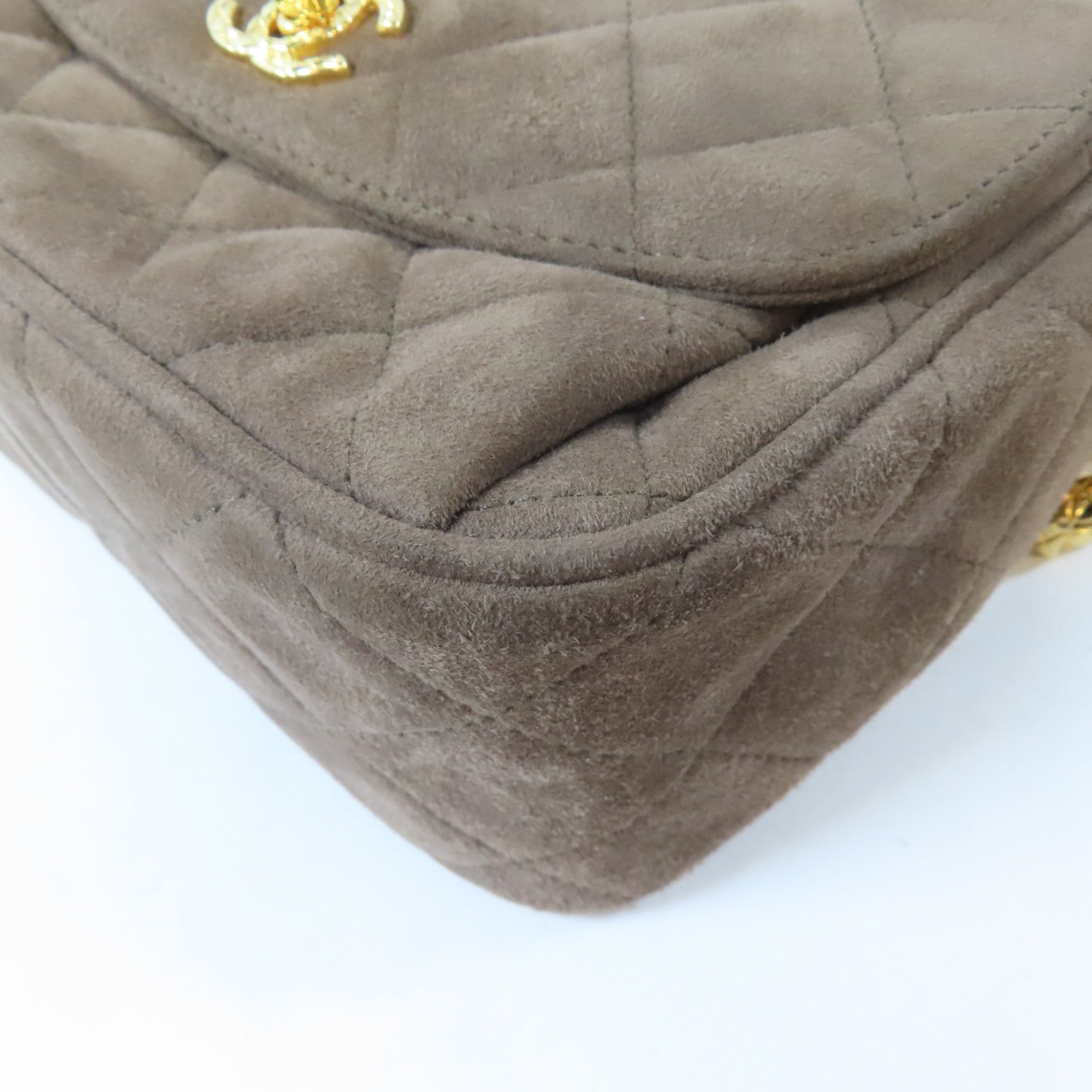 CHANEL 菱格絨布Chain Shoulder Bag金扣鏈帶肩背袋啡色