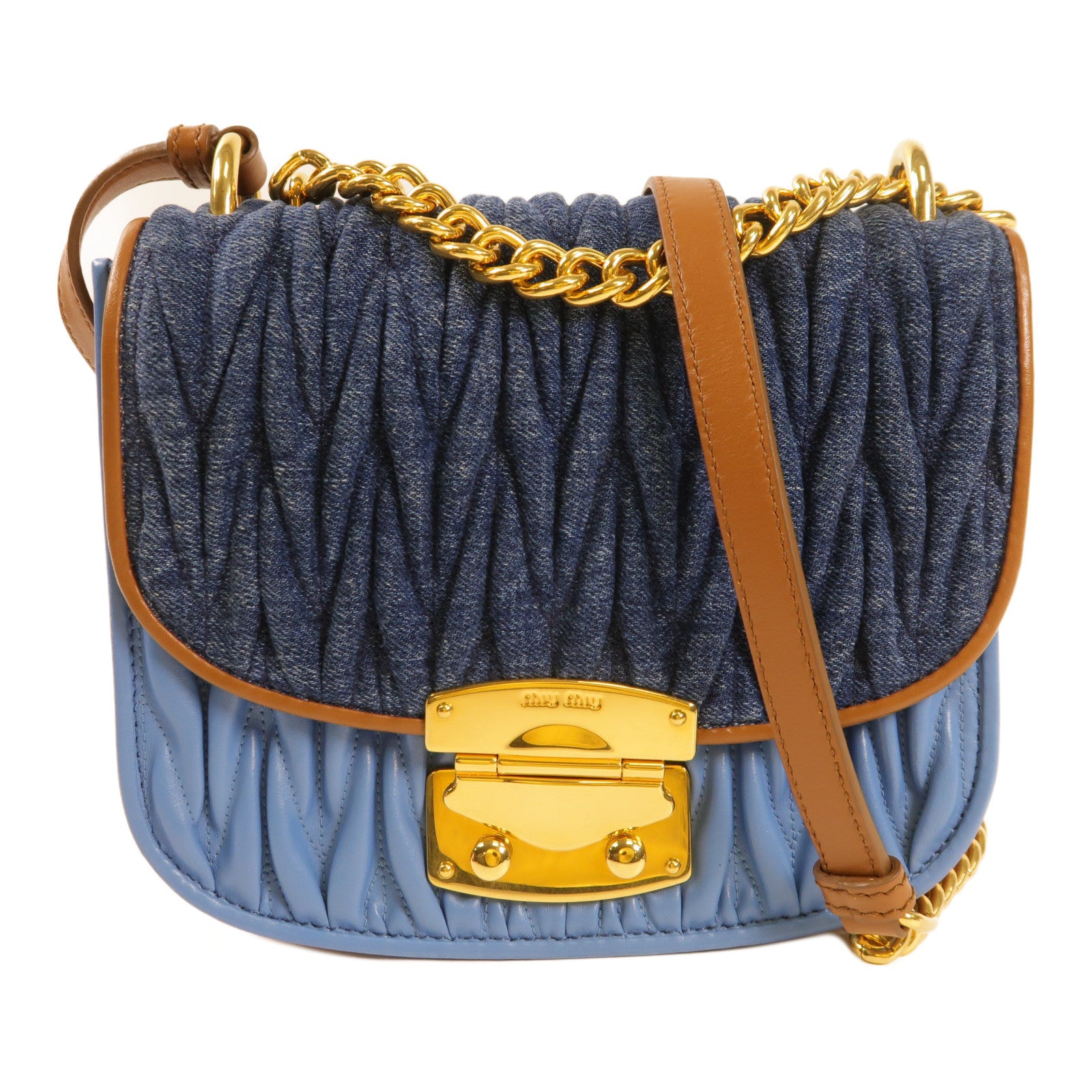 Miu Miu 牛仔布Shoulder Bag金扣肩背袋藍色/啡色