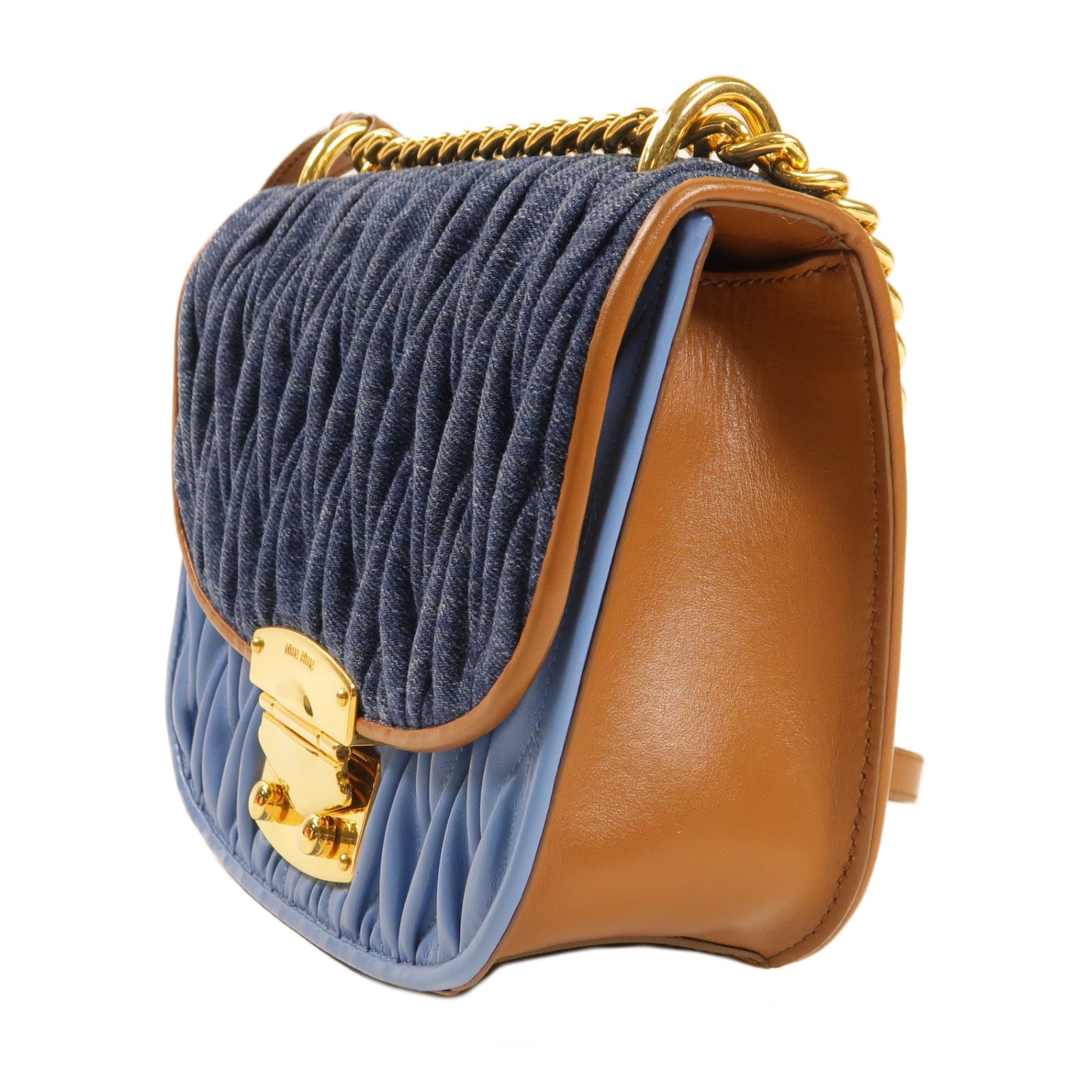 Miu Miu 牛仔布Shoulder Bag金扣肩背袋藍色/啡色