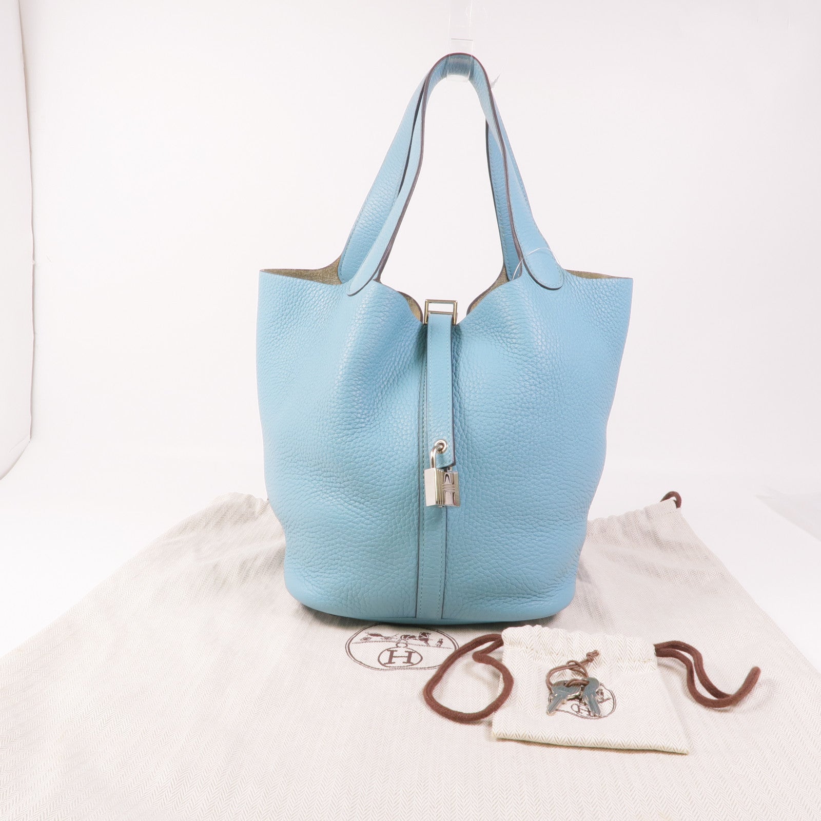 HERMES Clemence皮革Picotin MM銀扣手挽袋Bleu Atoll