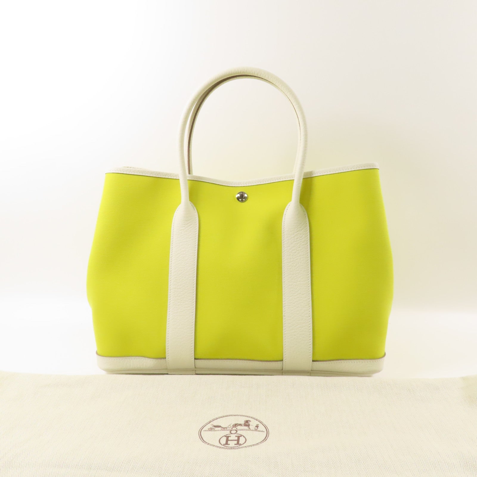 HERMES 帆布Garden Party PM手挽袋Lime/Blanc