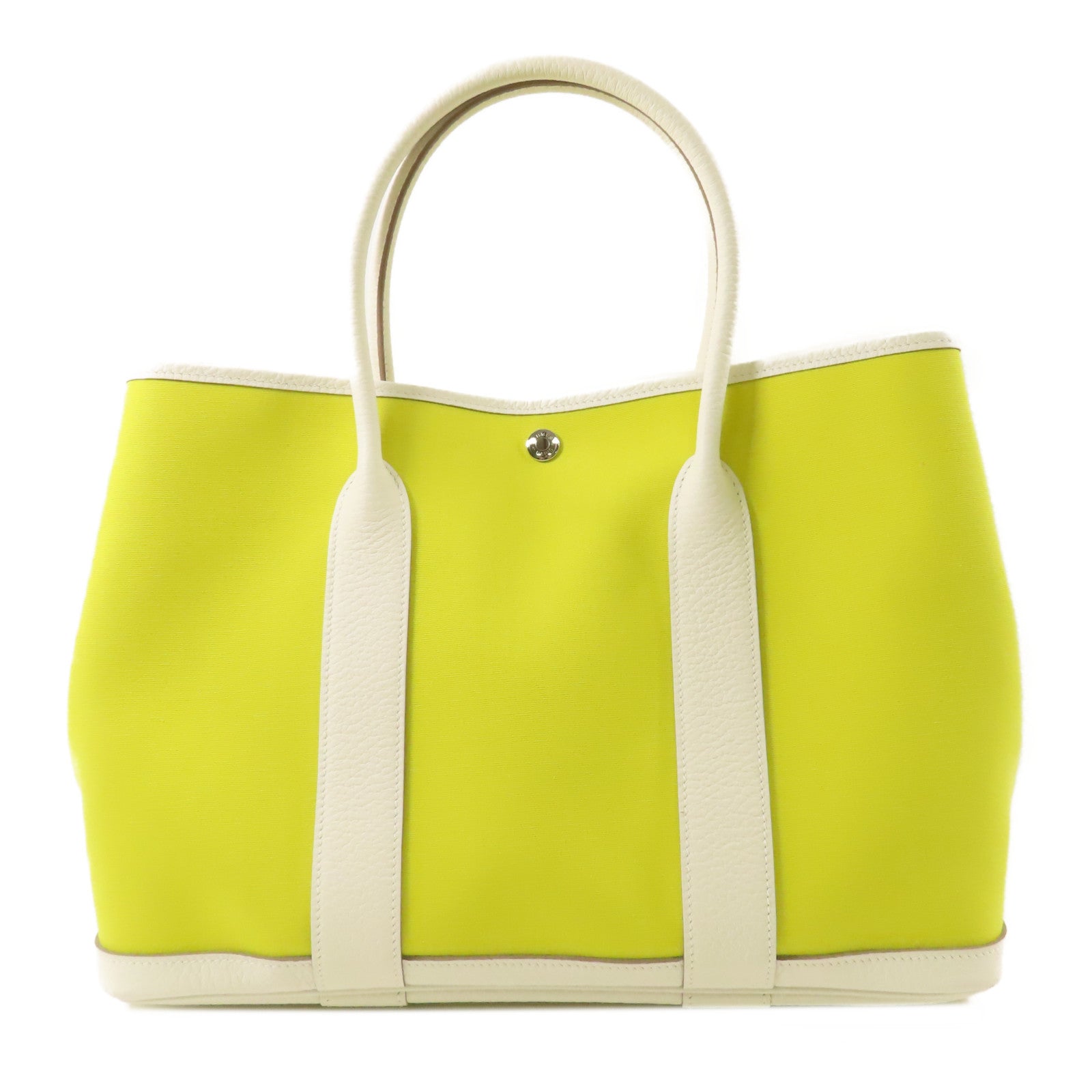 HERMES 帆布Garden Party PM手挽袋Lime/Blanc