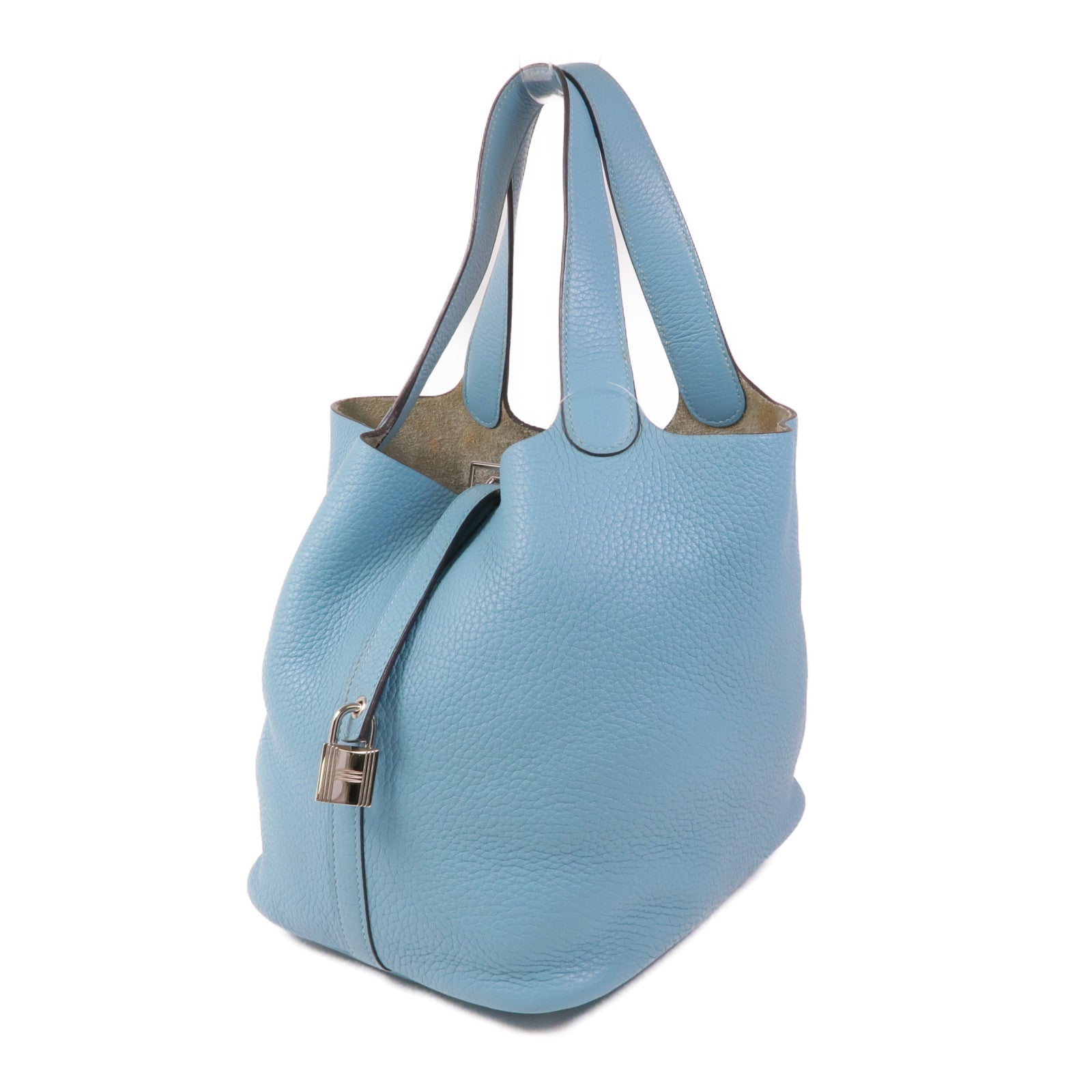 HERMES Clemence皮革Picotin MM銀扣手挽袋Bleu Atoll