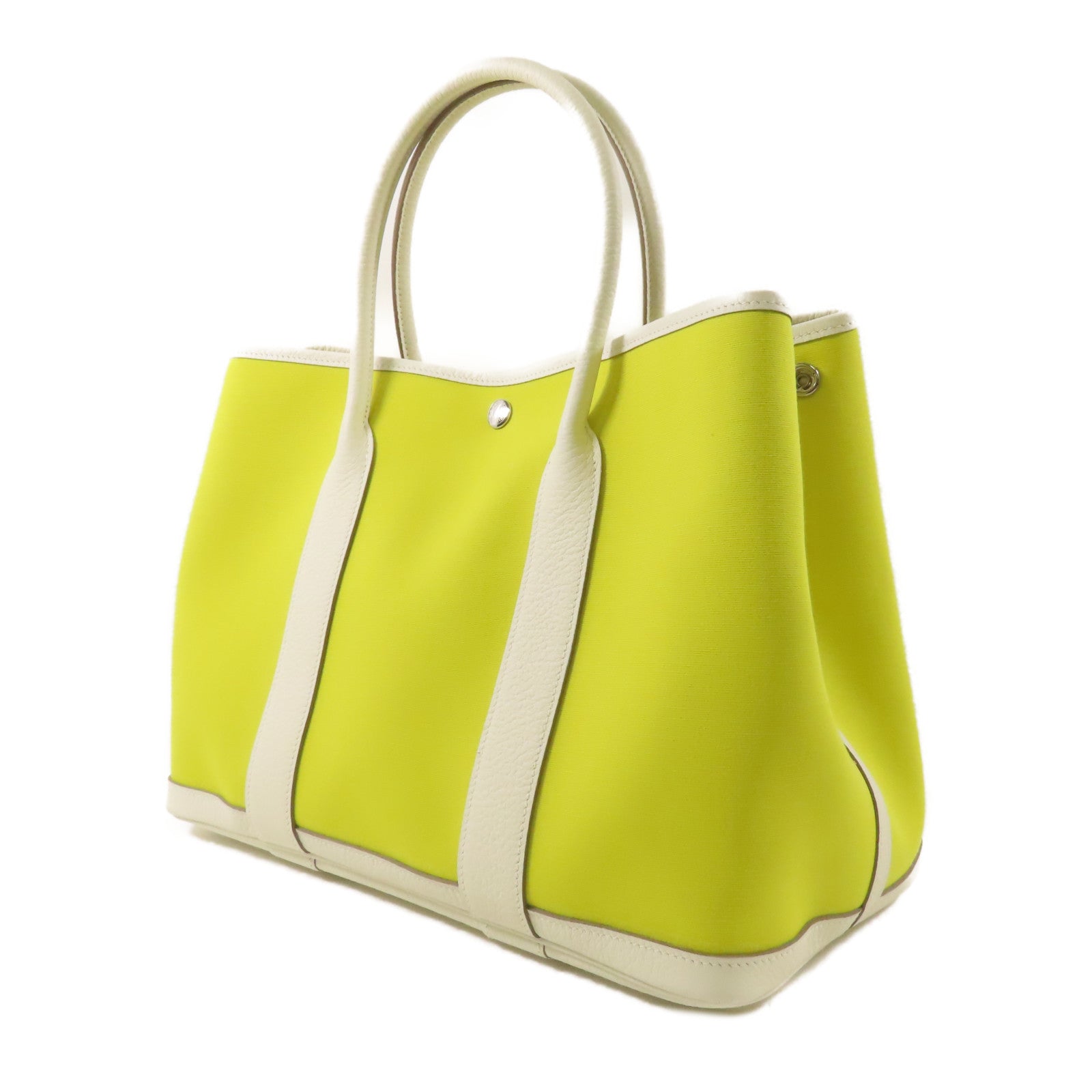 HERMES 帆布Garden Party PM手挽袋Lime/Blanc