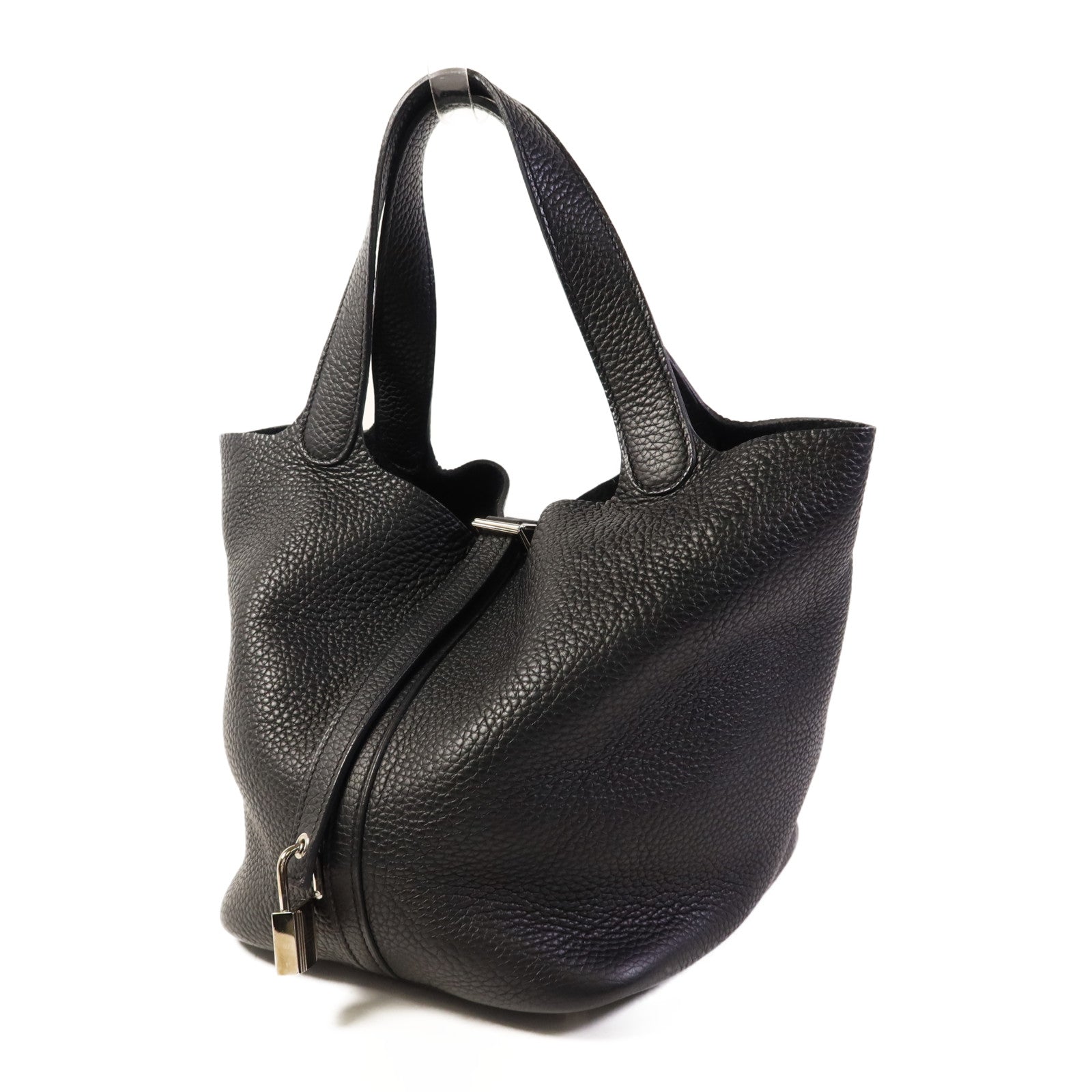 HERMES Clemence皮革Picotin MM銀扣手挽袋Noir