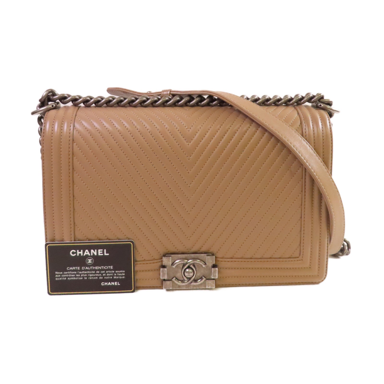 CHANEL 【激減優惠】斜紋羊皮皮革Boy Chanel 28cm Chain Shoulder Bag銀扣鏈帶肩背袋淺啡色