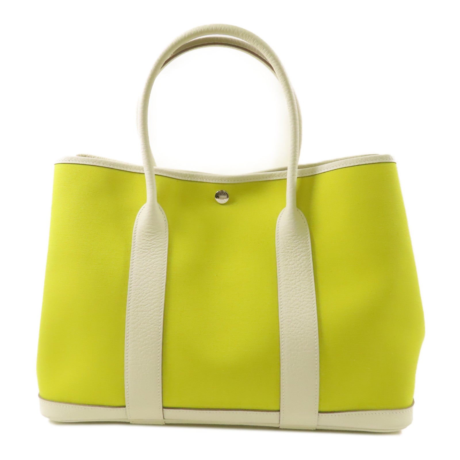 HERMES 帆布Garden Party PM手挽袋Lime/Blanc