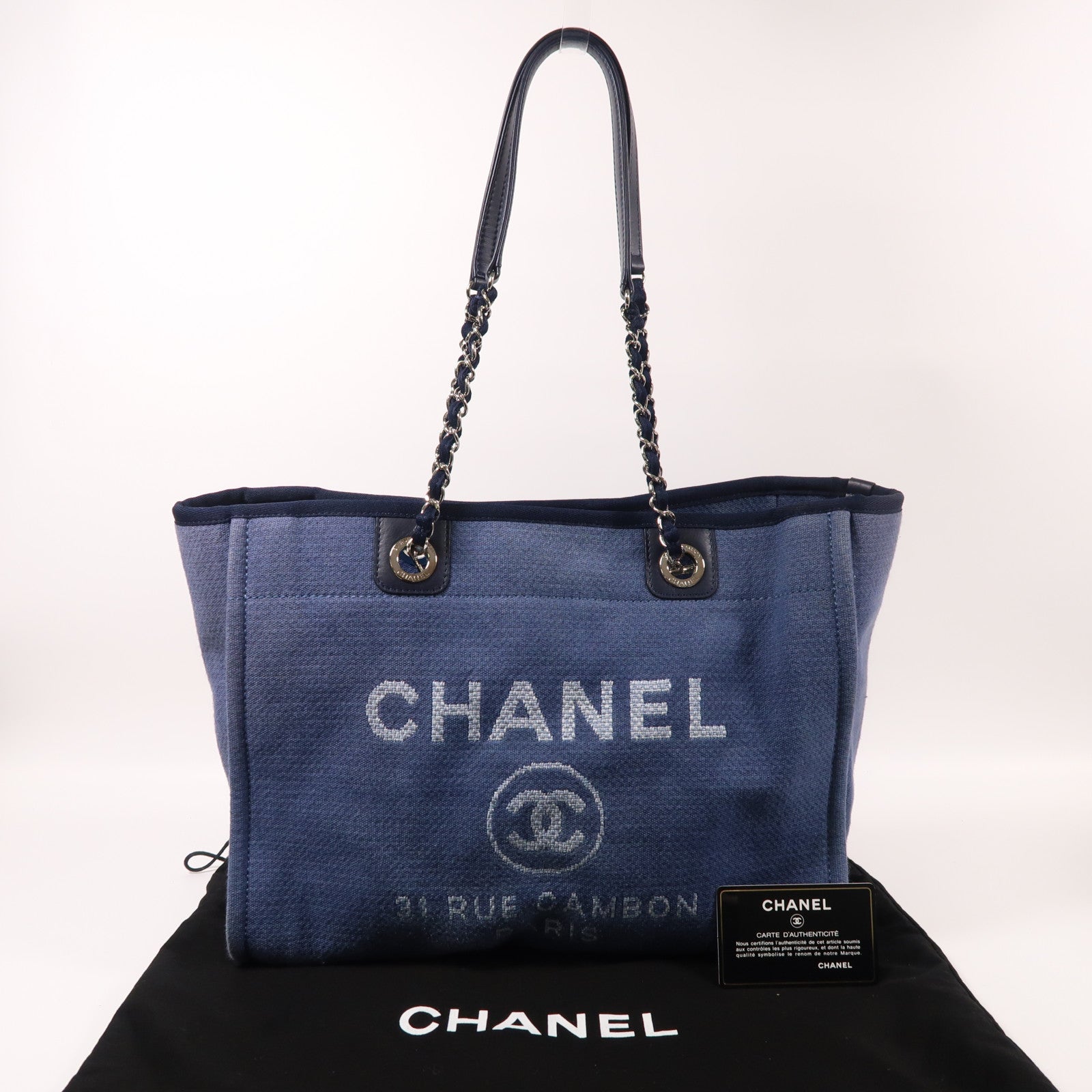 CHANEL 帆布Deauville銀扣鏈帶肩背袋