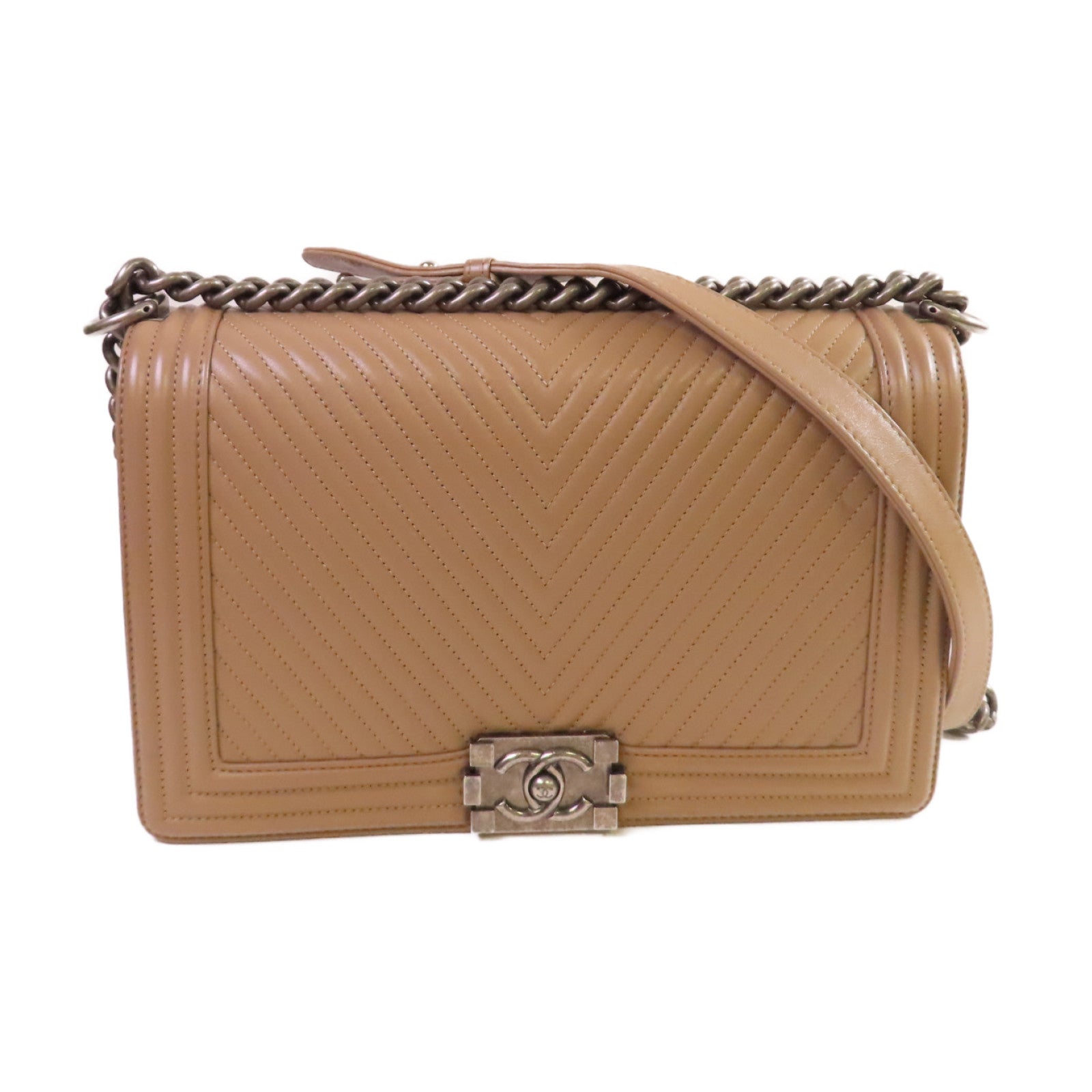 CHANEL 【激減優惠】斜紋羊皮皮革Boy Chanel 28cm Chain Shoulder Bag銀扣鏈帶肩背袋淺啡色
