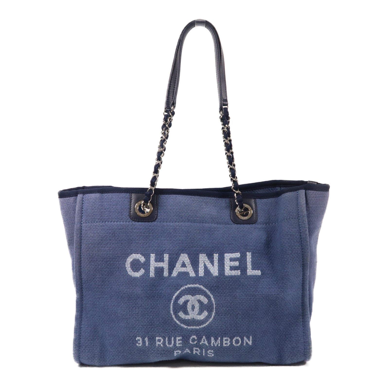 CHANEL 帆布Deauville銀扣鏈帶肩背袋