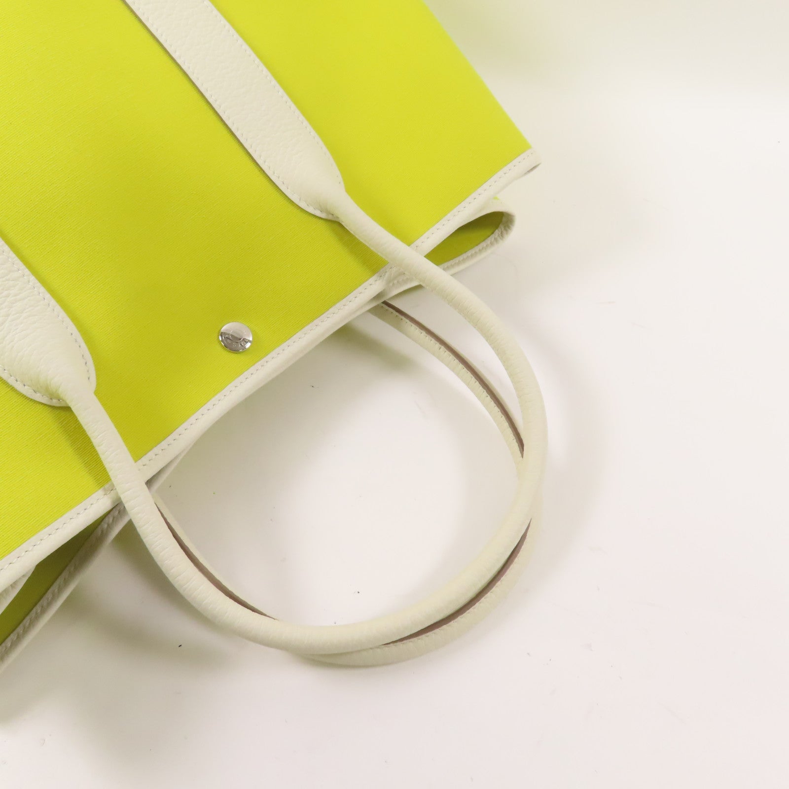 HERMES 帆布Garden Party PM手挽袋Lime/Blanc
