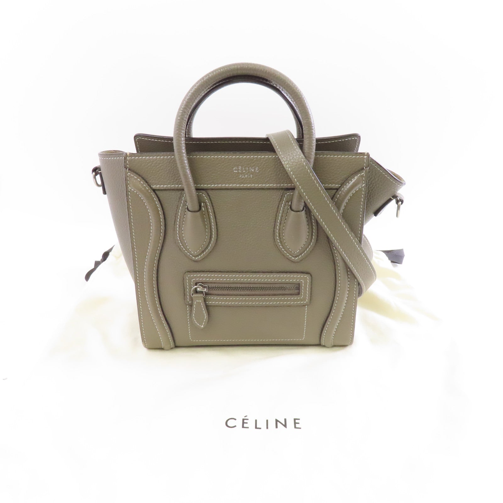 CELINE 牛皮皮革Nano Luggage金扣手挽肩背兩用袋灰色