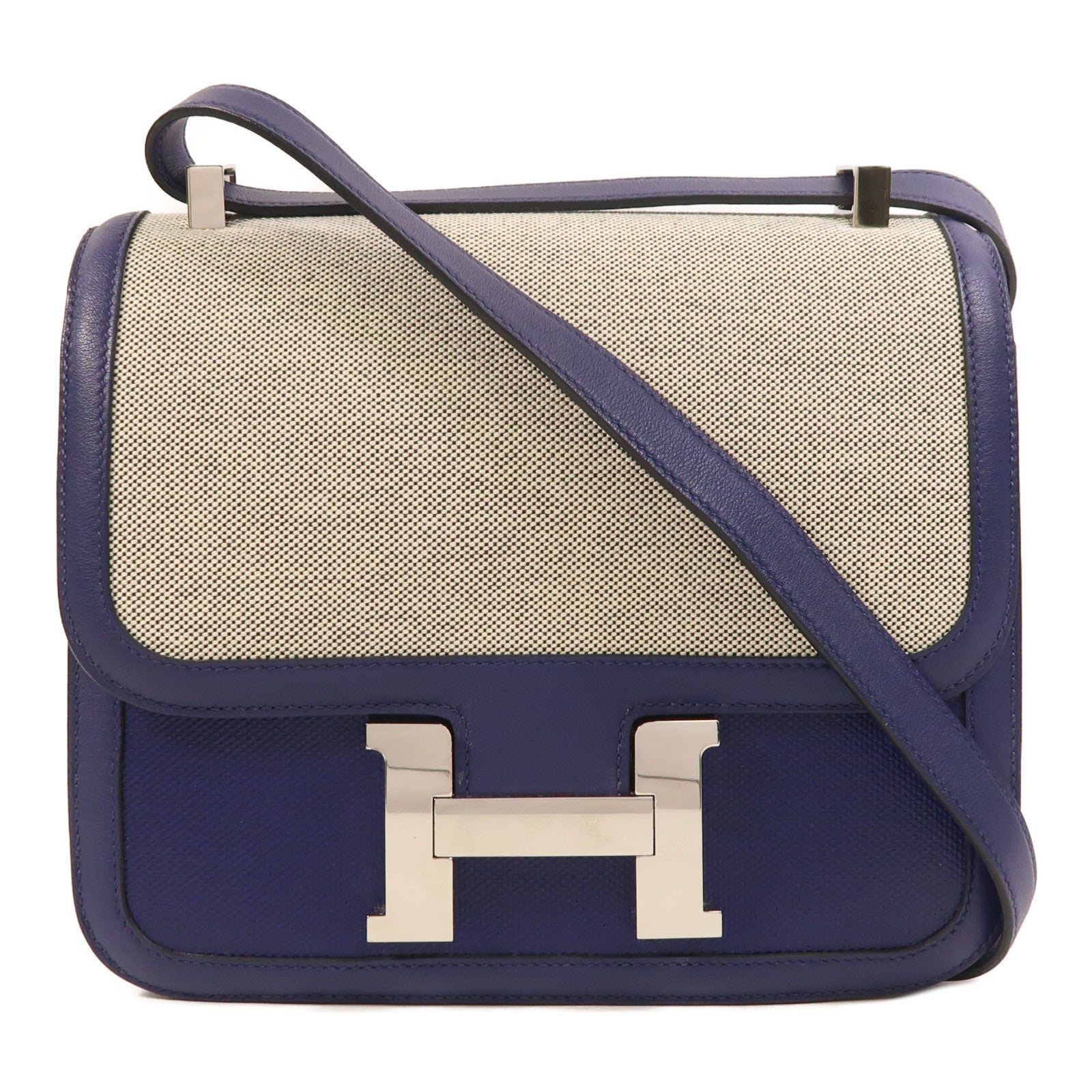 HERMES Toile帆布/Swift皮革Constance 24銀扣肩背袋Bleu Encre
