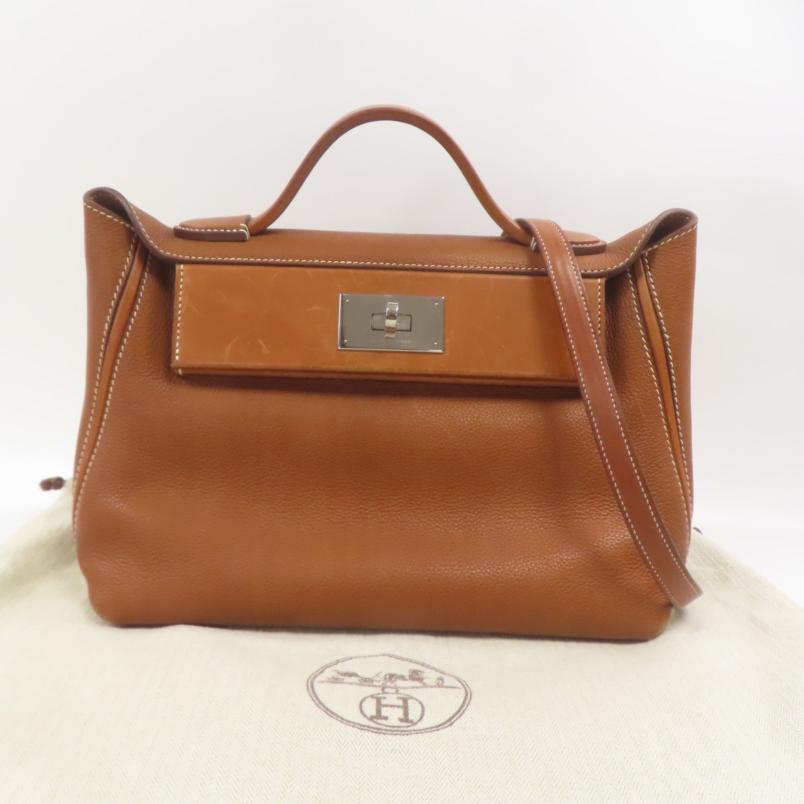 HERMES Barenia皮革24/24銀扣手挽肩背兩用袋啡色