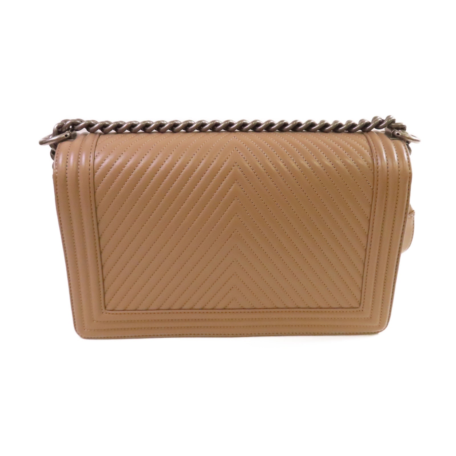 CHANEL 【激減優惠】斜紋羊皮皮革Boy Chanel 28cm Chain Shoulder Bag銀扣鏈帶肩背袋淺啡色