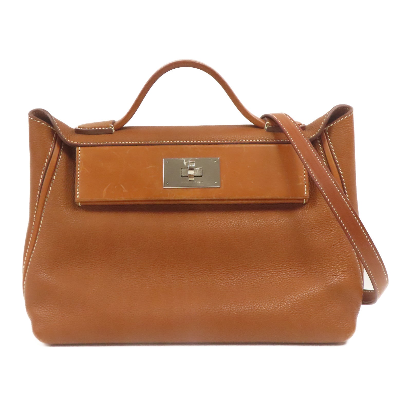 HERMES Barenia皮革24/24銀扣手挽肩背兩用袋啡色