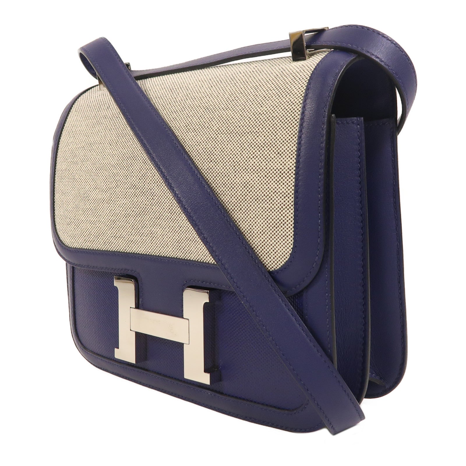 HERMES Toile帆布/Swift皮革Constance 24銀扣肩背袋Bleu Encre