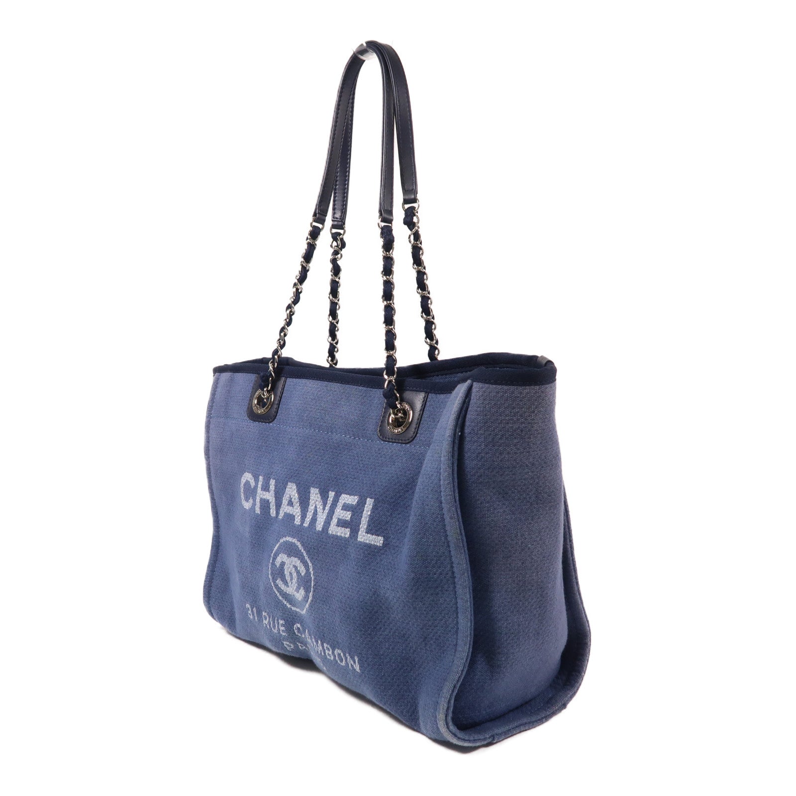CHANEL 帆布Deauville銀扣鏈帶肩背袋