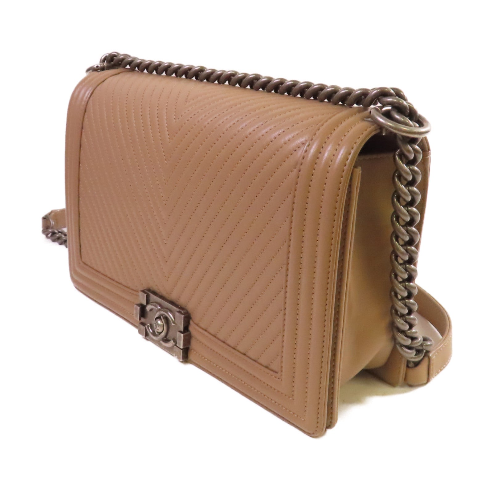 CHANEL 【激減優惠】斜紋羊皮皮革Boy Chanel 28cm Chain Shoulder Bag銀扣鏈帶肩背袋淺啡色