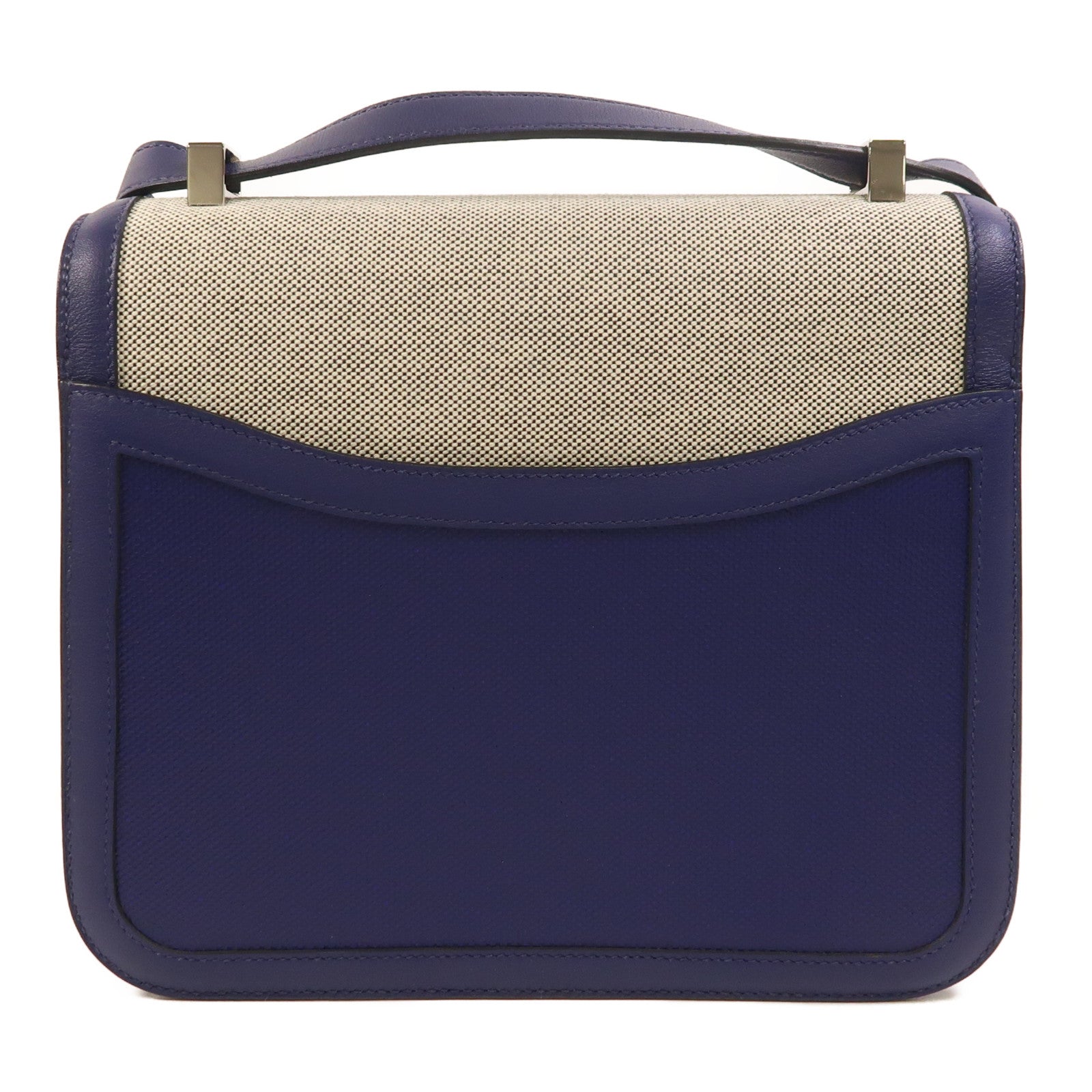 HERMES 【激減優惠】Toile帆布/Swift皮革Constance 24銀扣肩背袋Bleu Encre