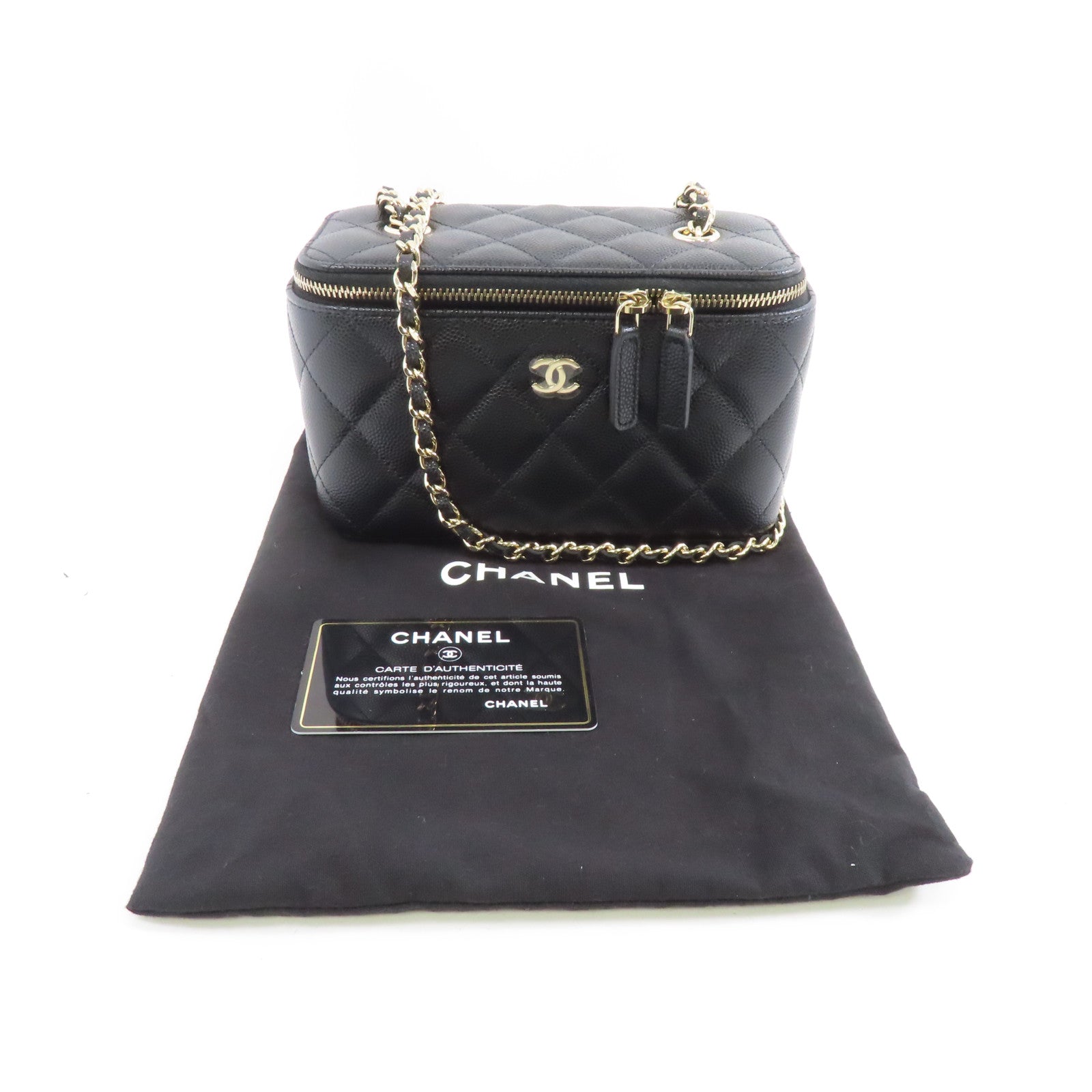 CHANEL 菱格牛皮皮革Vanity Case金扣鏈帶肩背袋黑色
