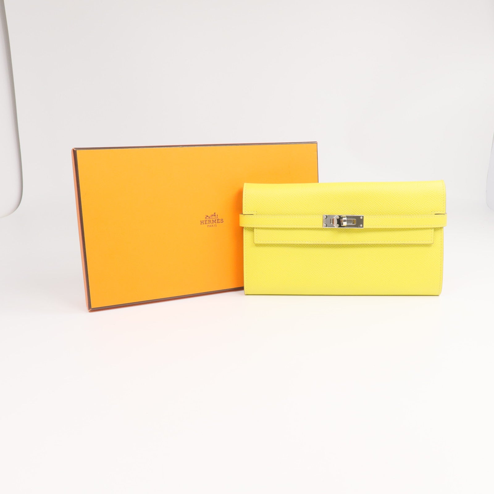 HERMES 【激減優惠】Epsom皮革Kelly Wallet銀扣長錢包Jaune de Naples