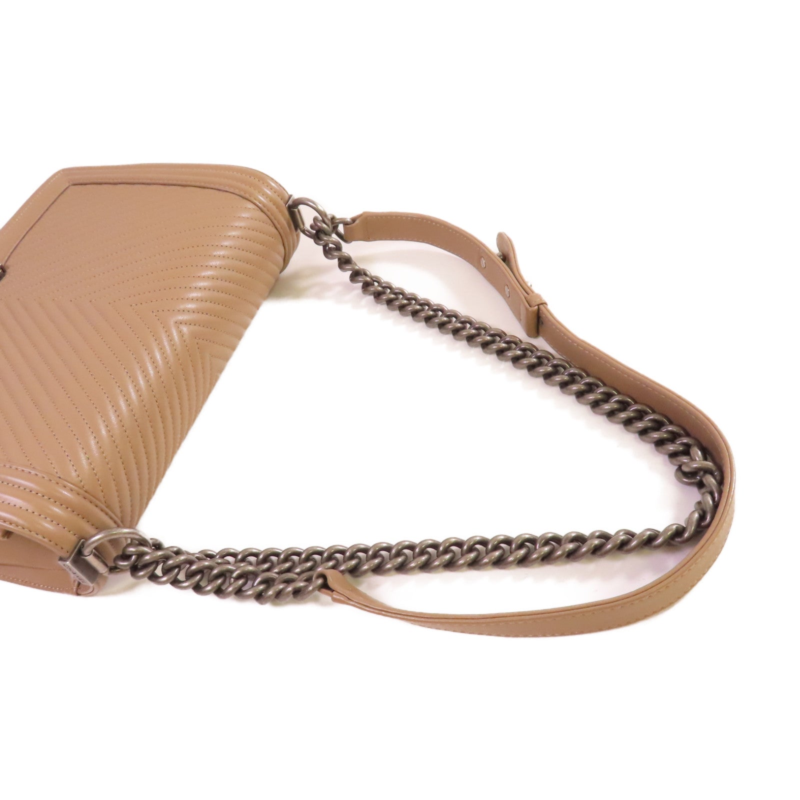 CHANEL 【激減優惠】斜紋羊皮皮革Boy Chanel 28cm Chain Shoulder Bag銀扣鏈帶肩背袋淺啡色