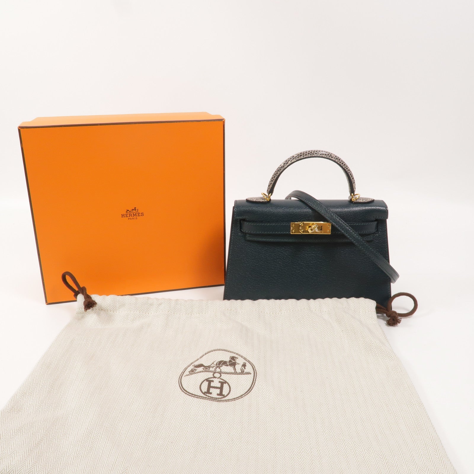 HERMES Chevre皮革/蜥蝪皮革Mini Kelly II Touch手挽肩背兩用袋Vert Cypres/Ombre