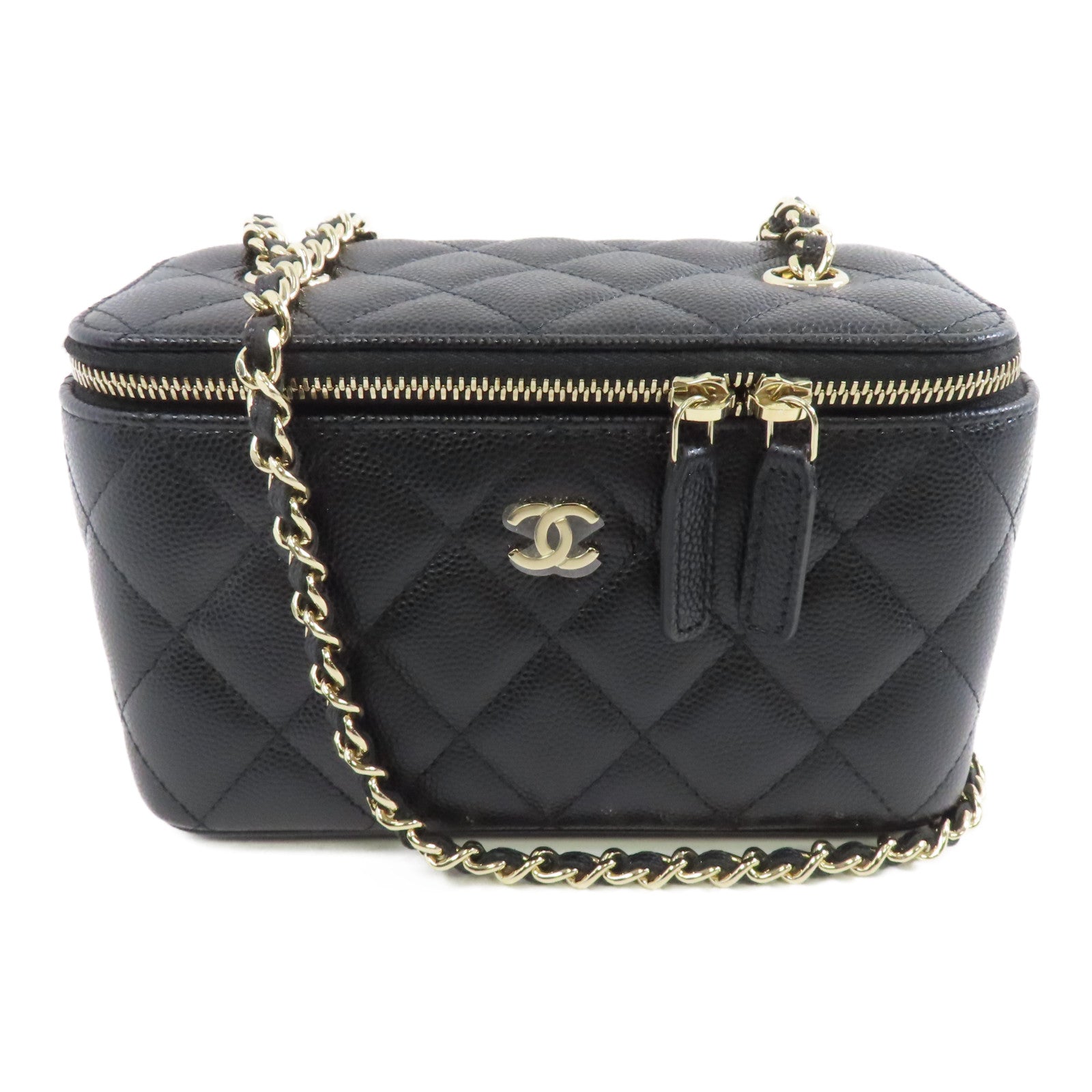 CHANEL 菱格牛皮皮革Vanity Case金扣鏈帶肩背袋黑色