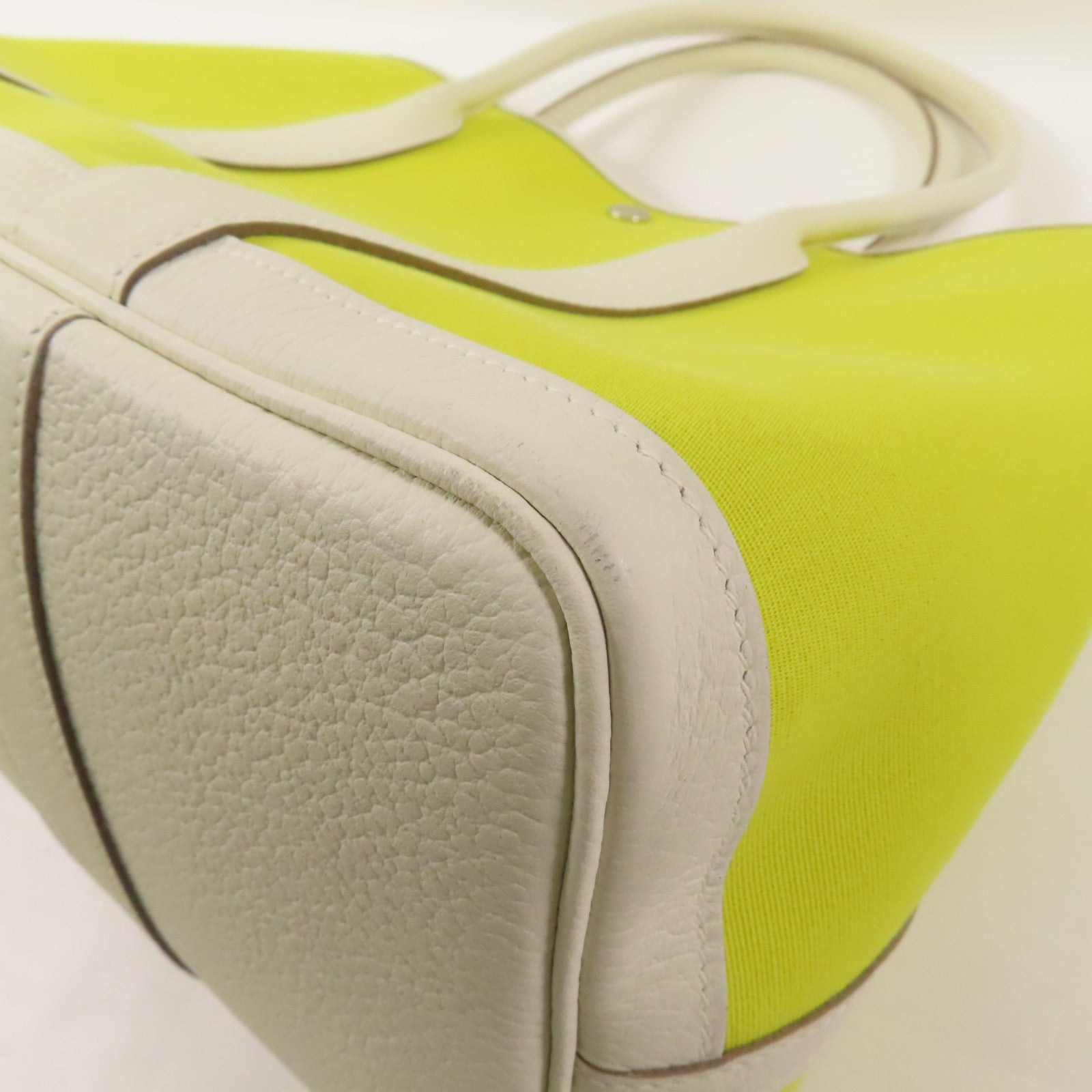 HERMES 帆布Garden Party PM手挽袋Lime/Blanc