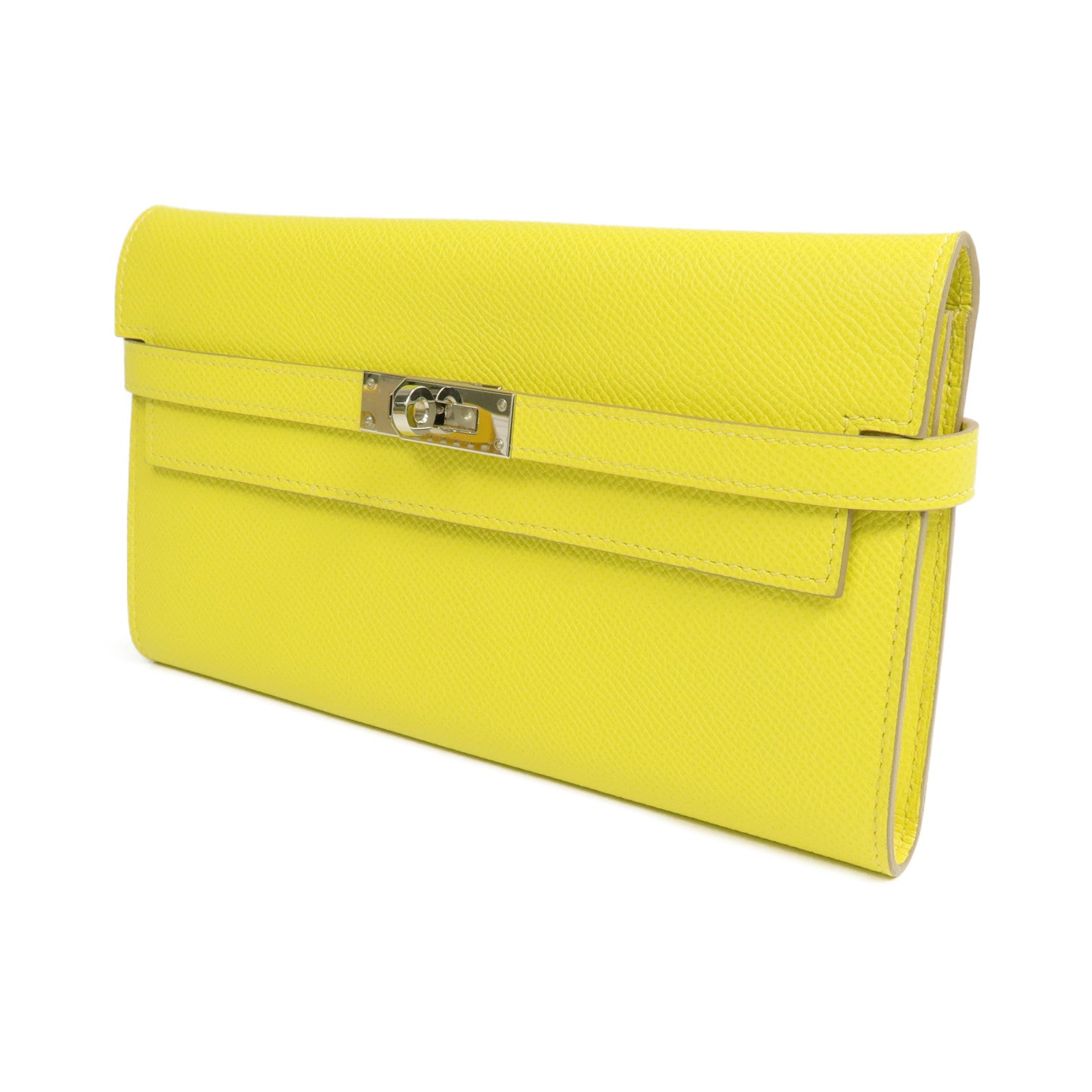 HERMES 【激減優惠】Epsom皮革Kelly Wallet銀扣長錢包Jaune de Naples