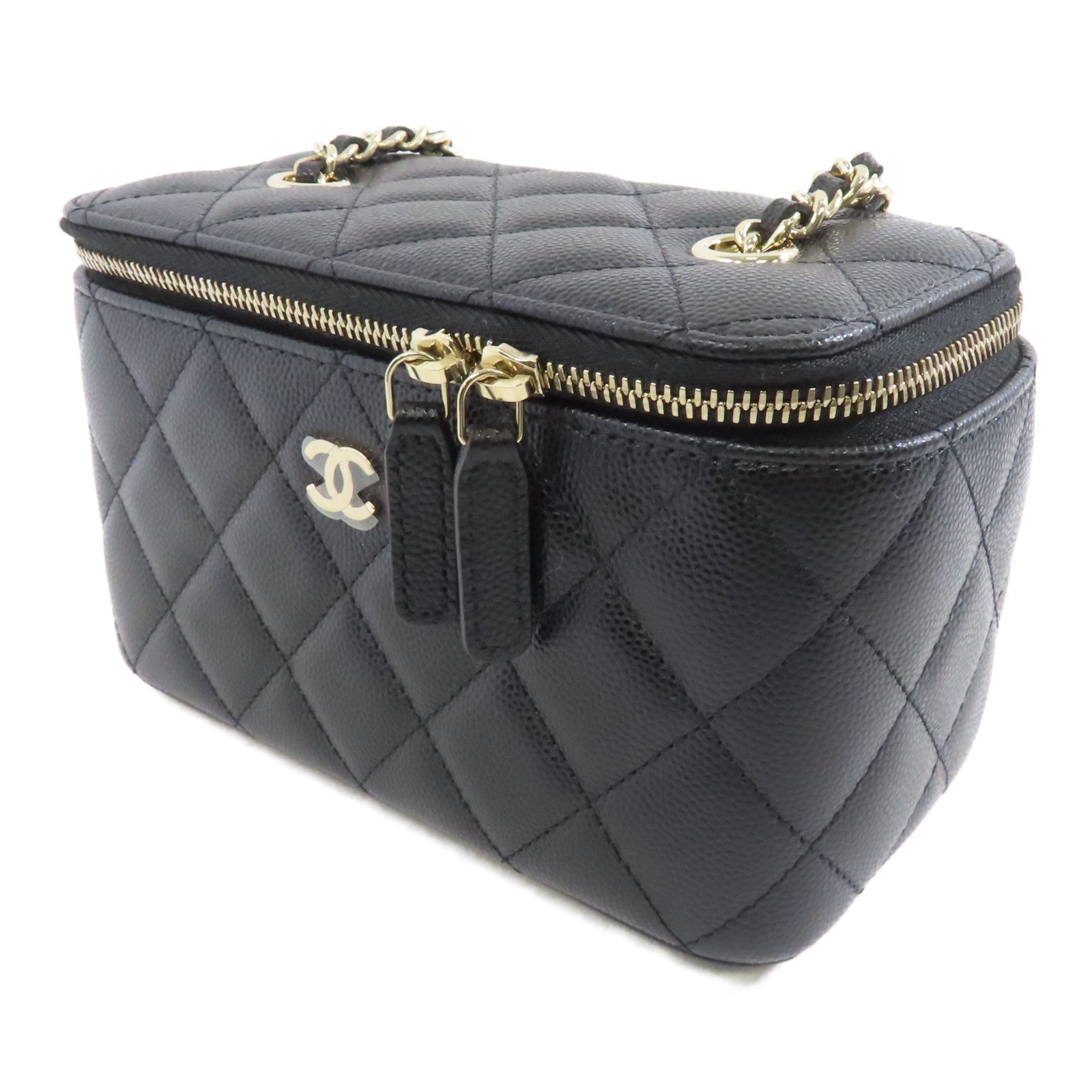 CHANEL 菱格牛皮皮革Vanity Case金扣鏈帶肩背袋黑色