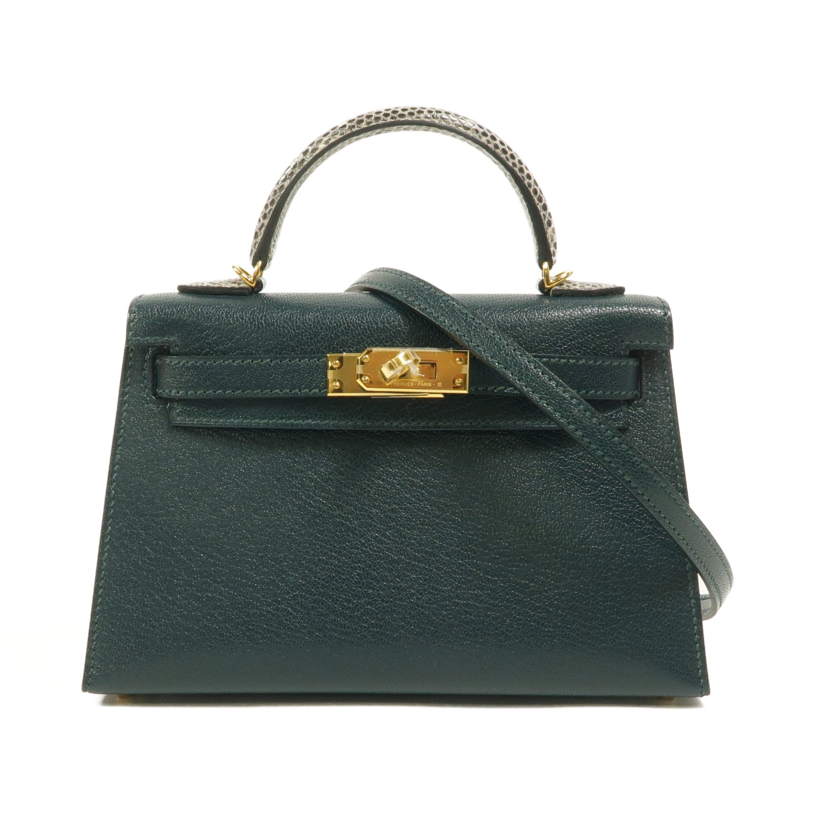 HERMES Chevre皮革/蜥蝪皮革Mini Kelly II Touch手挽肩背兩用袋Vert Cypres/Ombre