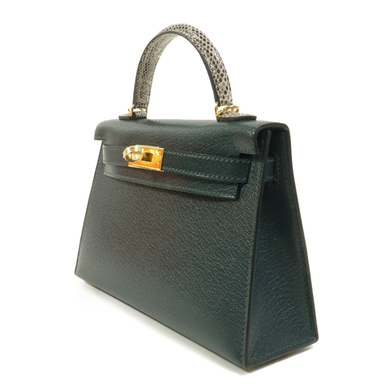 HERMES Chevre皮革/蜥蝪皮革Mini Kelly II Touch手挽肩背兩用袋Vert Cypres/Ombre