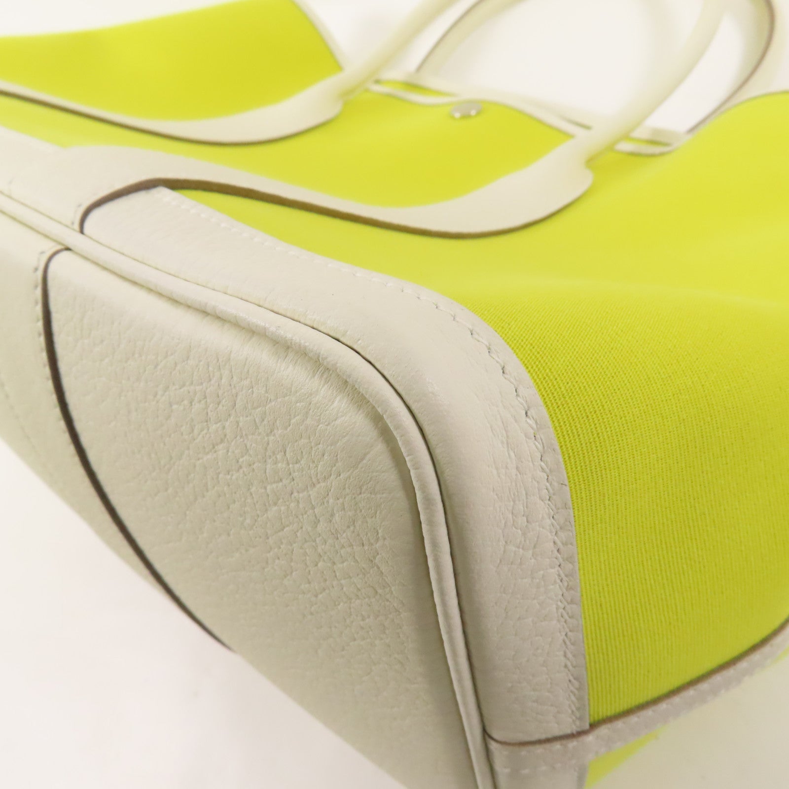 HERMES 帆布Garden Party PM手挽袋Lime/Blanc