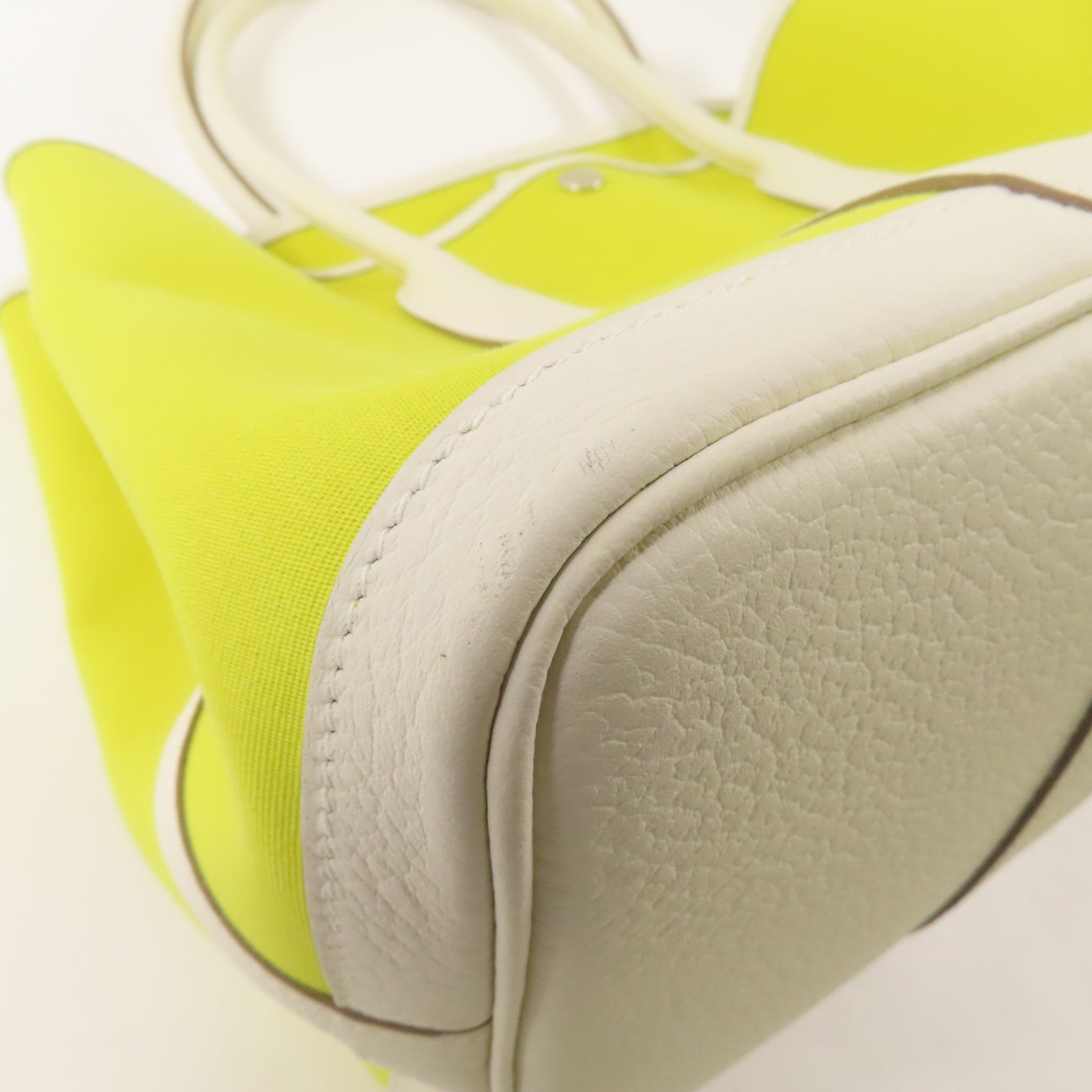 HERMES 帆布Garden Party PM手挽袋Lime/Blanc
