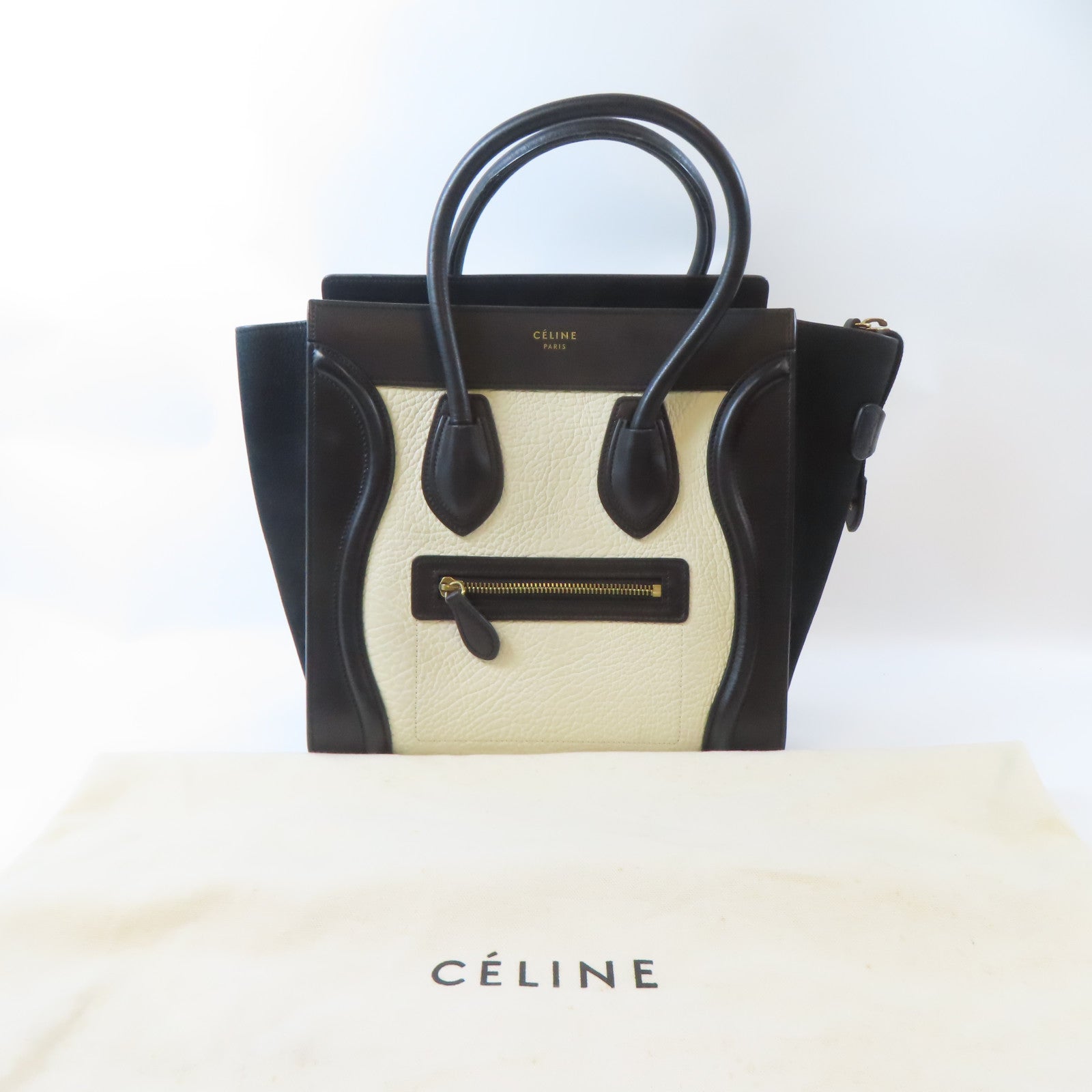 CELINE (PRICE DOWN) GHW Luggage Tote Bag Handbag V-CA-5515 Calfskin Leather Black White