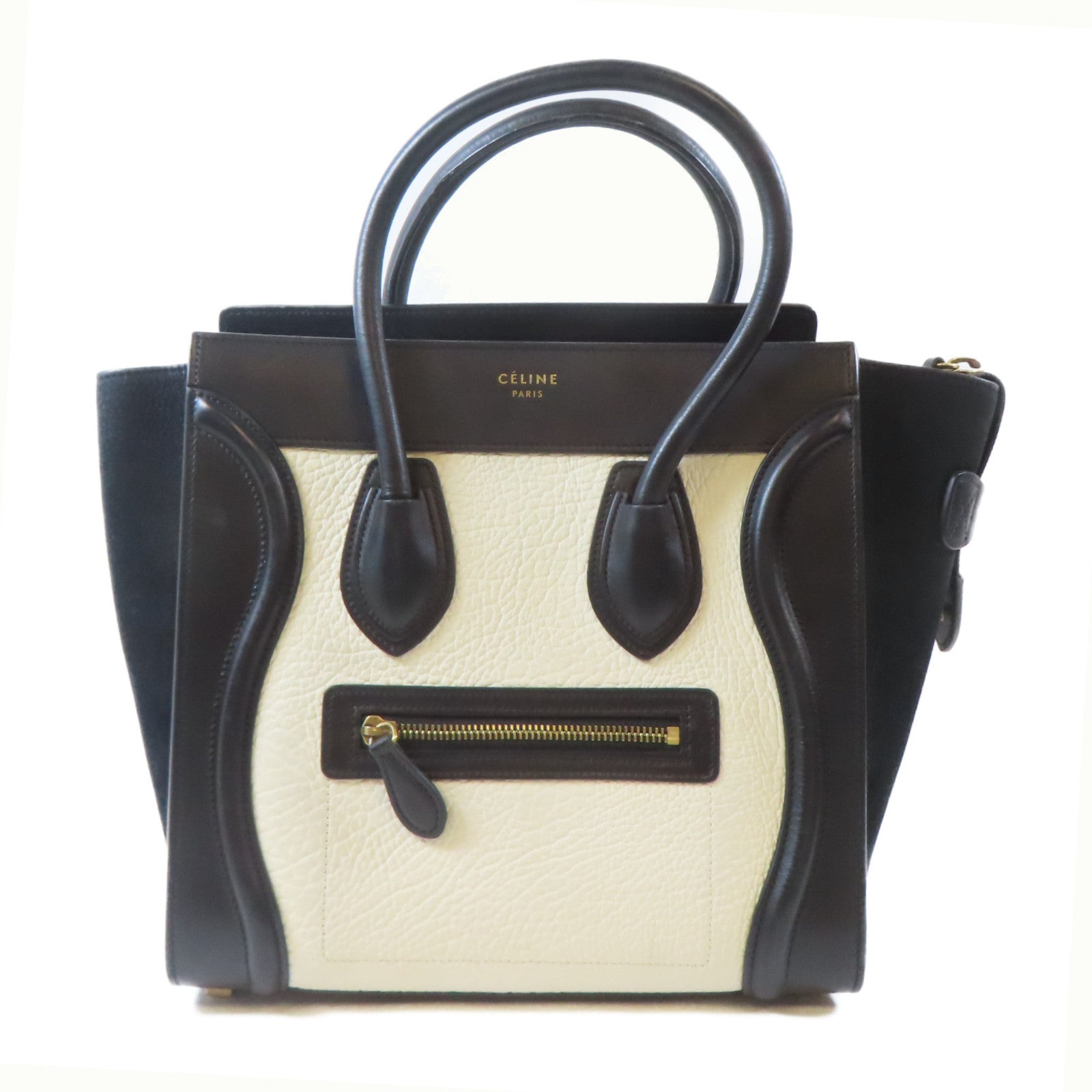 CELINE (PRICE DOWN) GHW Luggage Tote Bag Handbag V-CA-5515 Calfskin Leather Black White