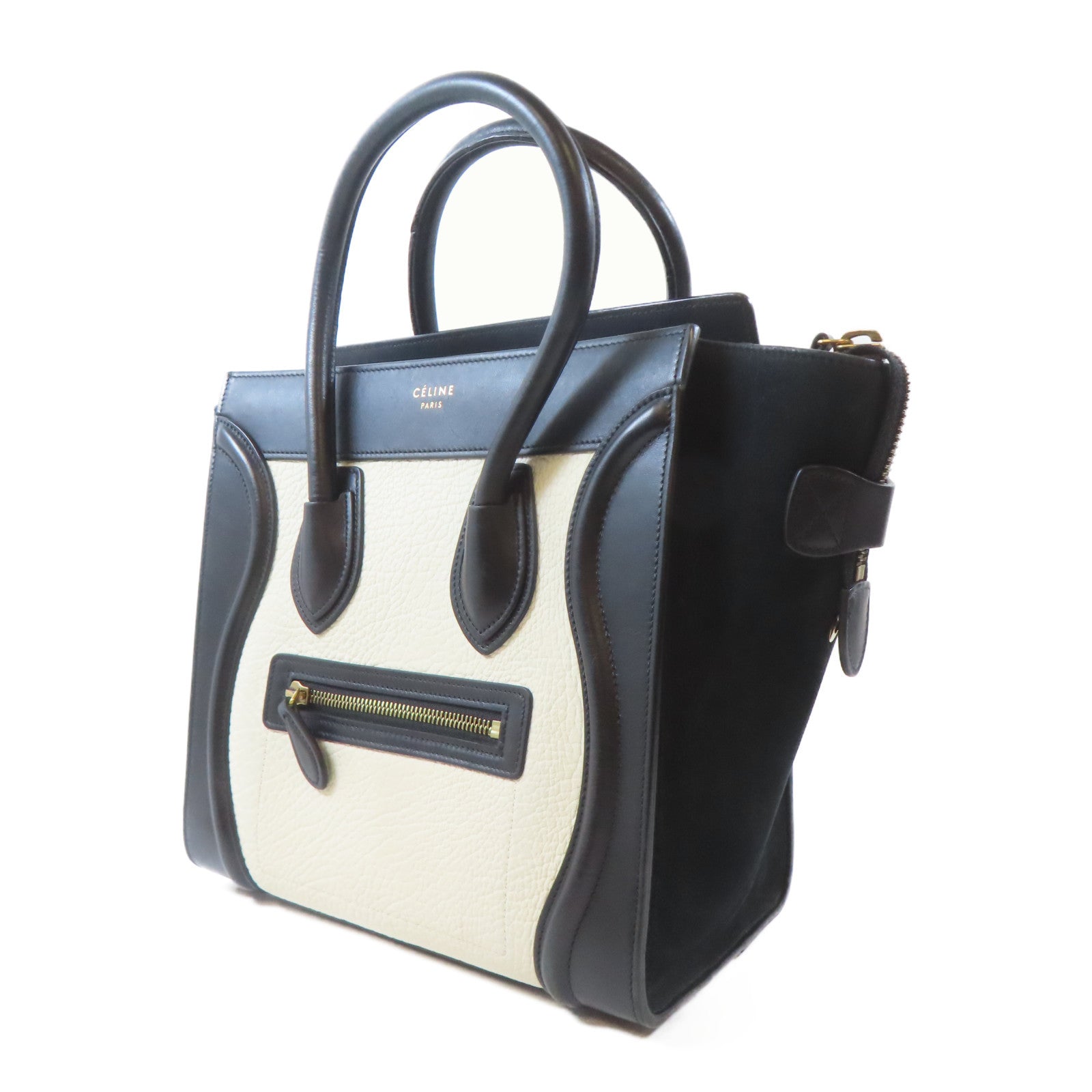 CELINE (PRICE DOWN) GHW Luggage Tote Bag Handbag V-CA-5515 Calfskin Leather Black White