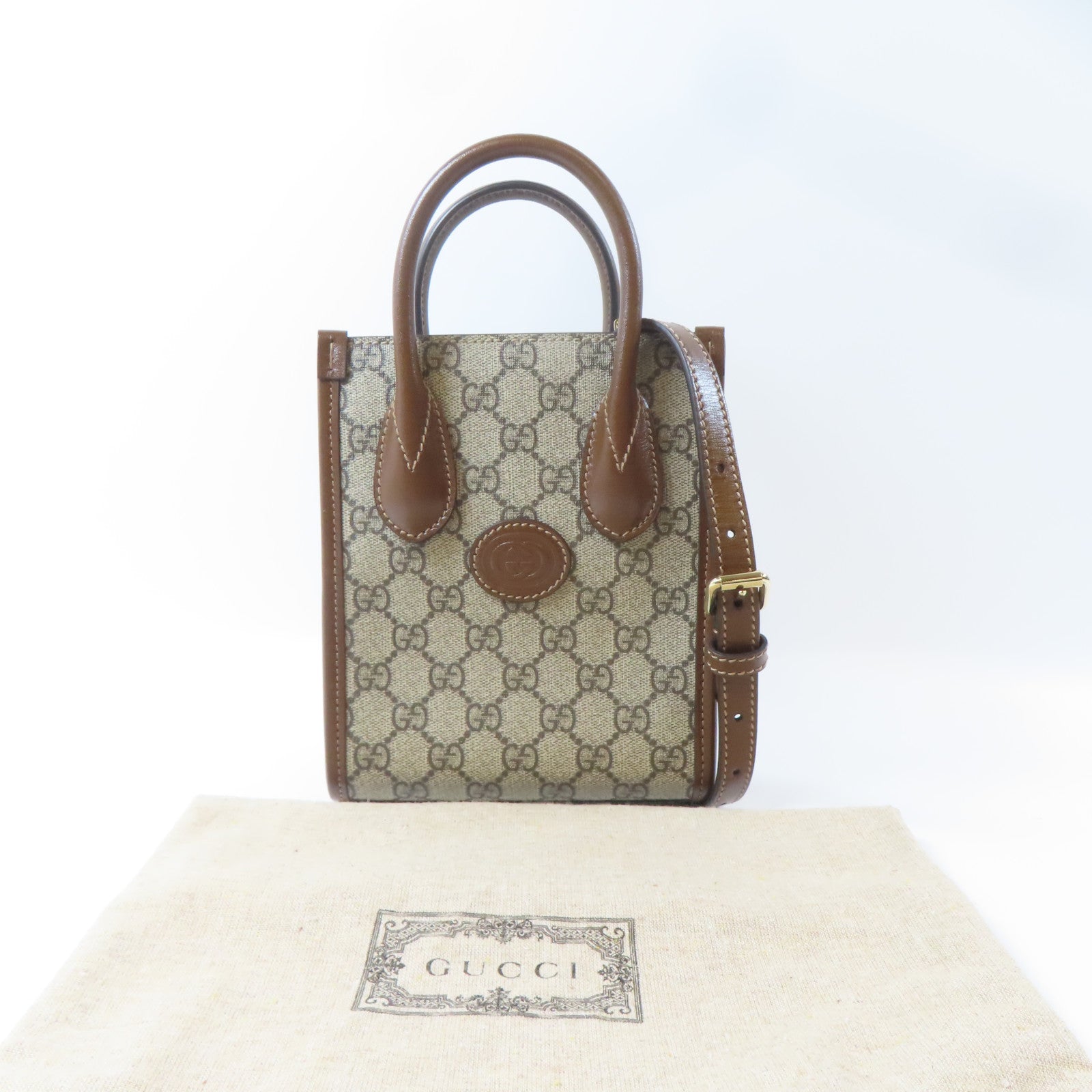 GUCCI 【激減優惠】塗層帆布Mini Tote Bag Interlocking G金扣手挽肩背兩用袋啡色