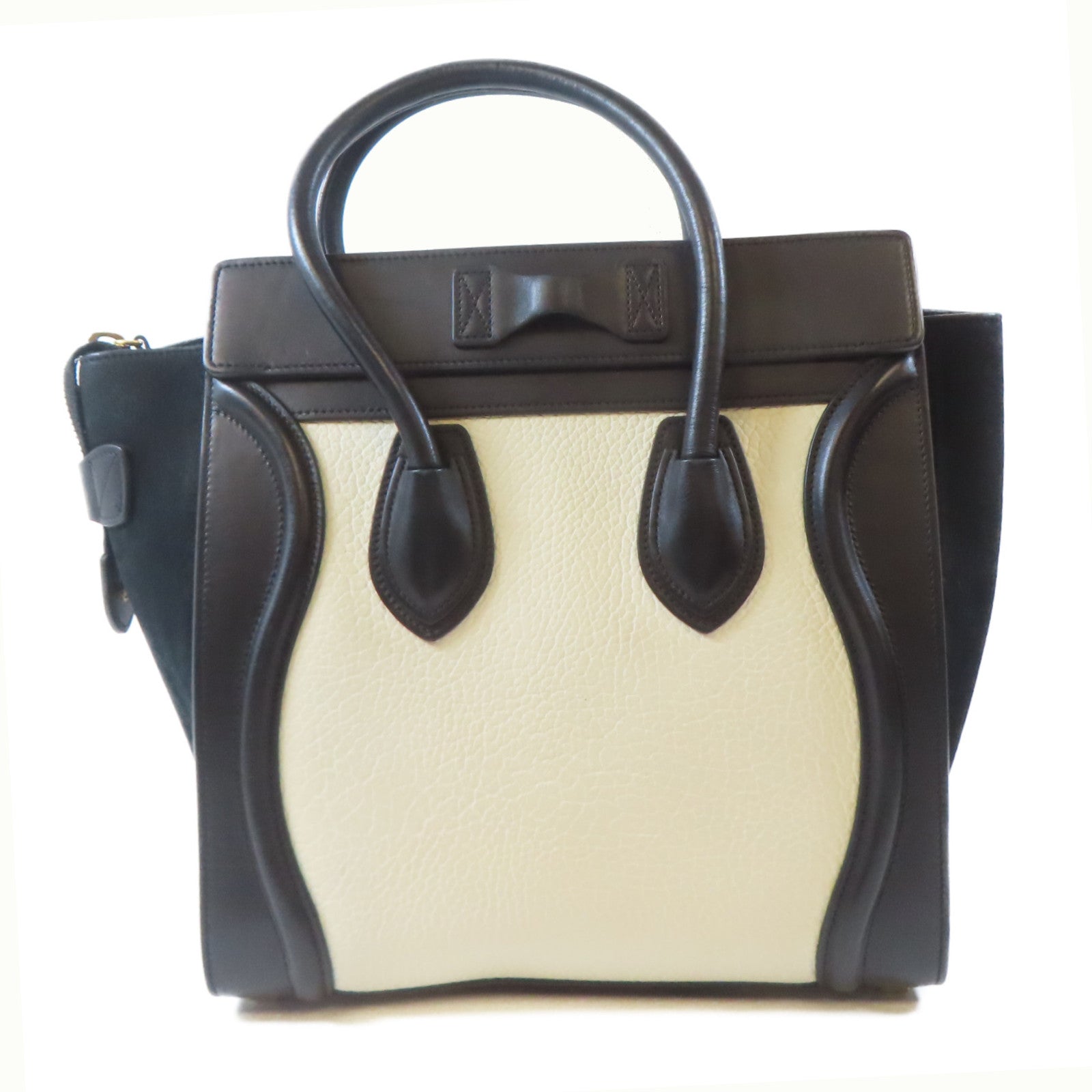 CELINE (PRICE DOWN) GHW Luggage Tote Bag Handbag V-CA-5515 Calfskin Leather Black White