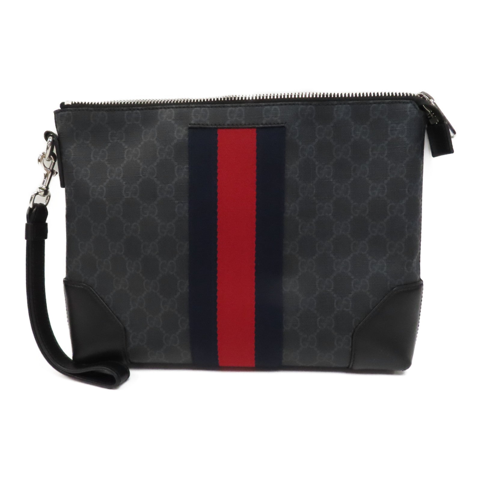 GUCCI 塗層帆布GG Supreme銀扣手拿包黑色